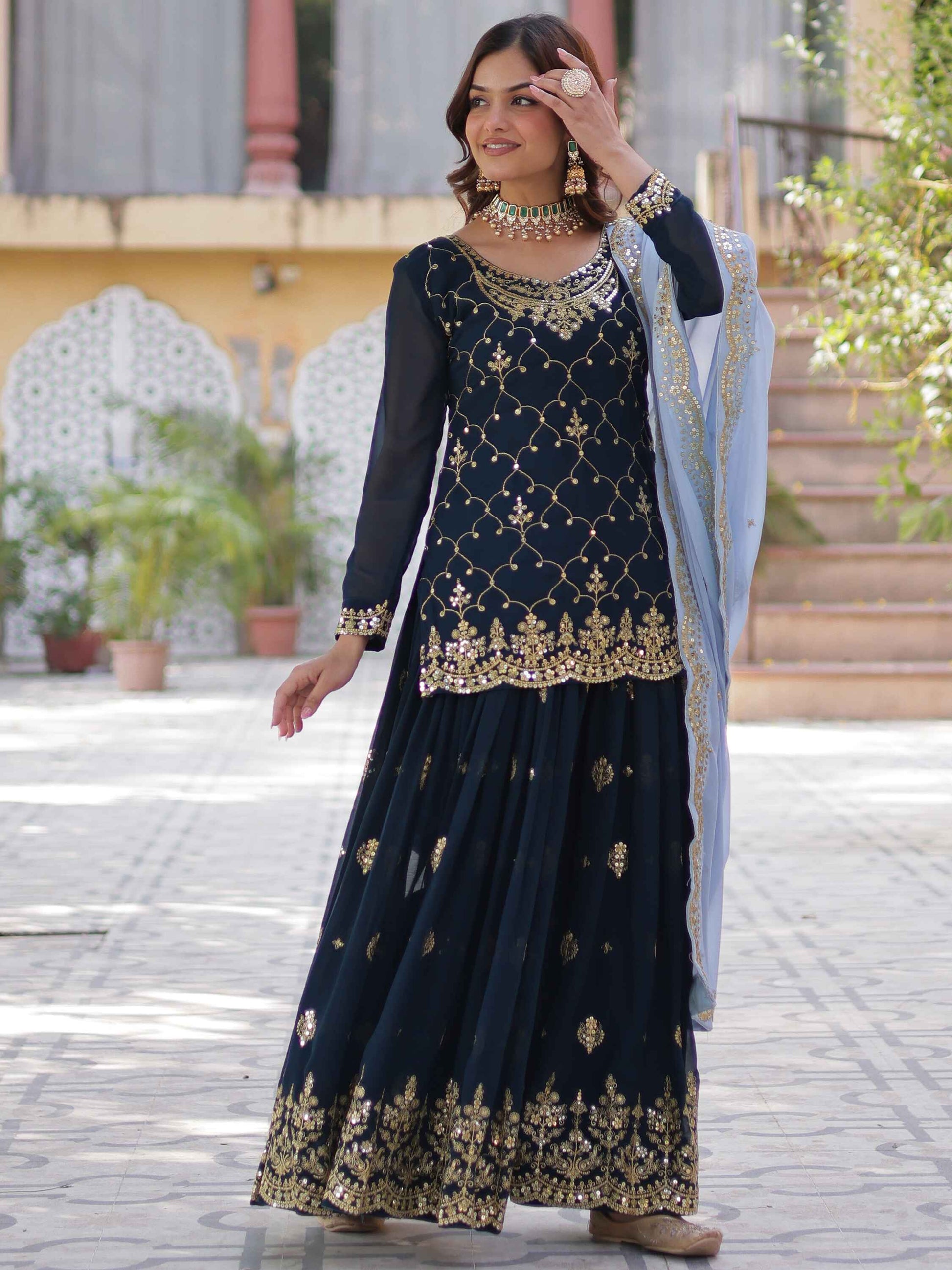 Stunning Blue Sequins Georgette Festival Wear Sharara Suit