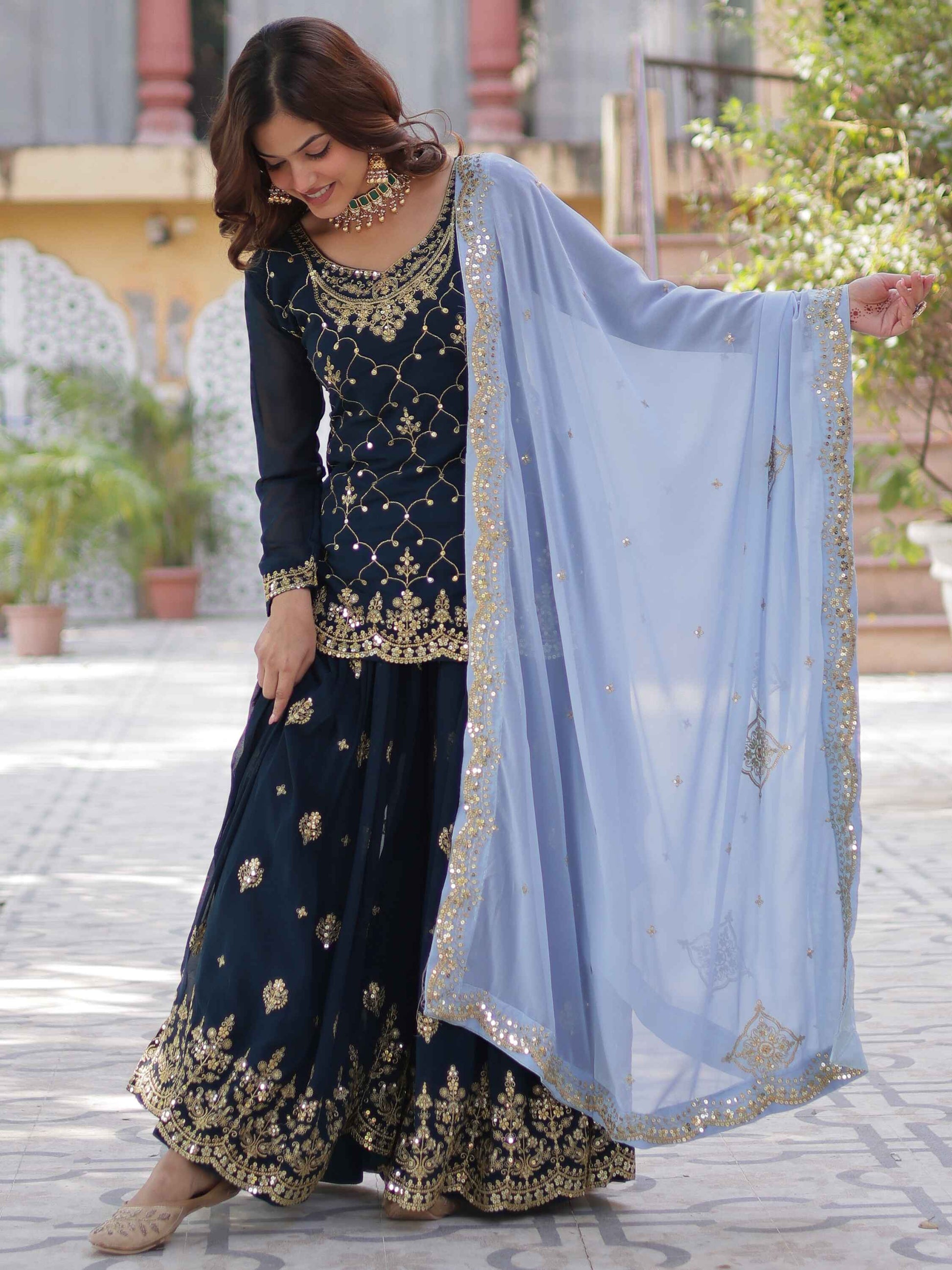 Stunning Blue Sequins Georgette Festival Wear Sharara Suit
