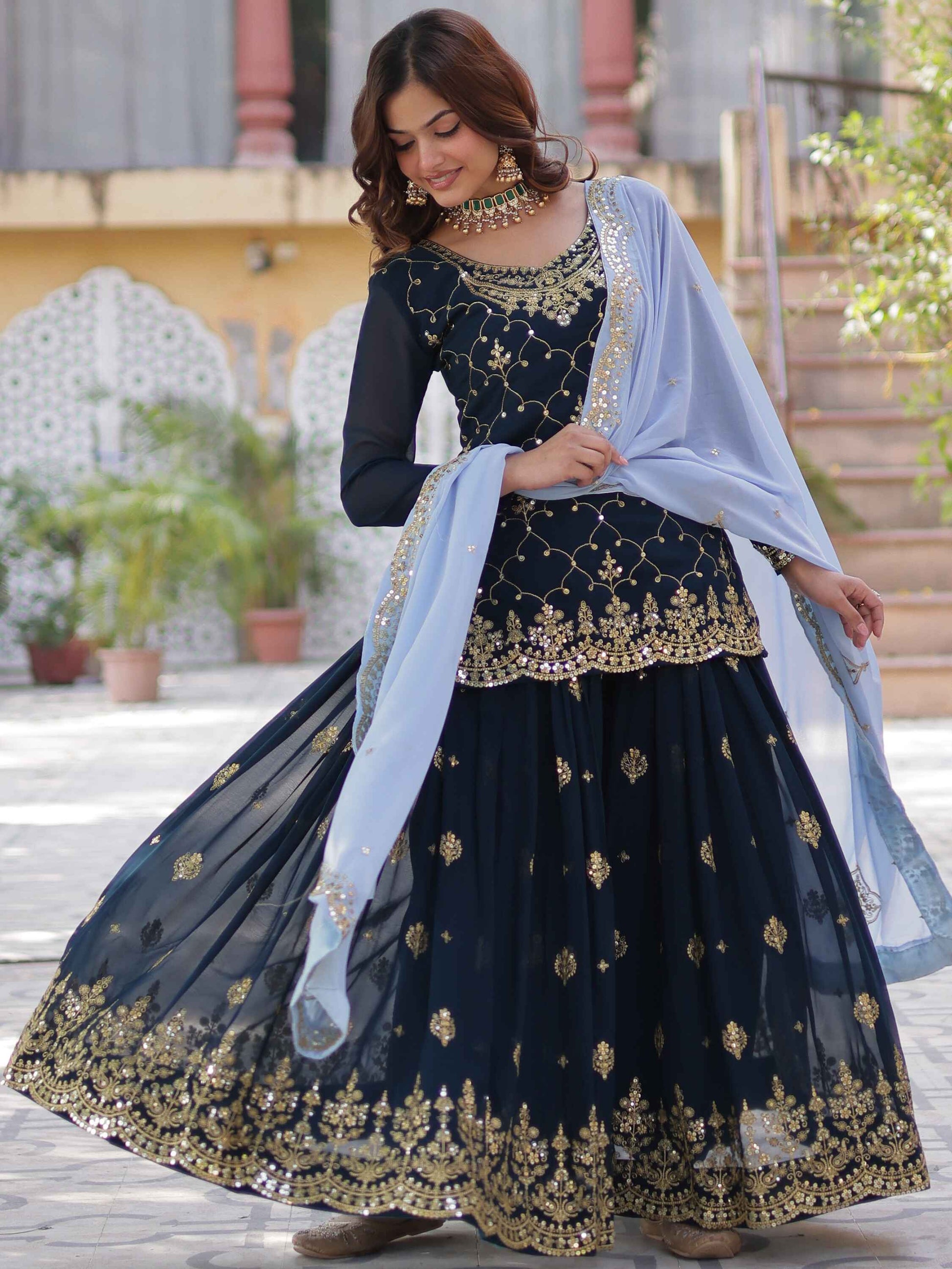 Stunning Blue Sequins Georgette Festival Wear Sharara Suit