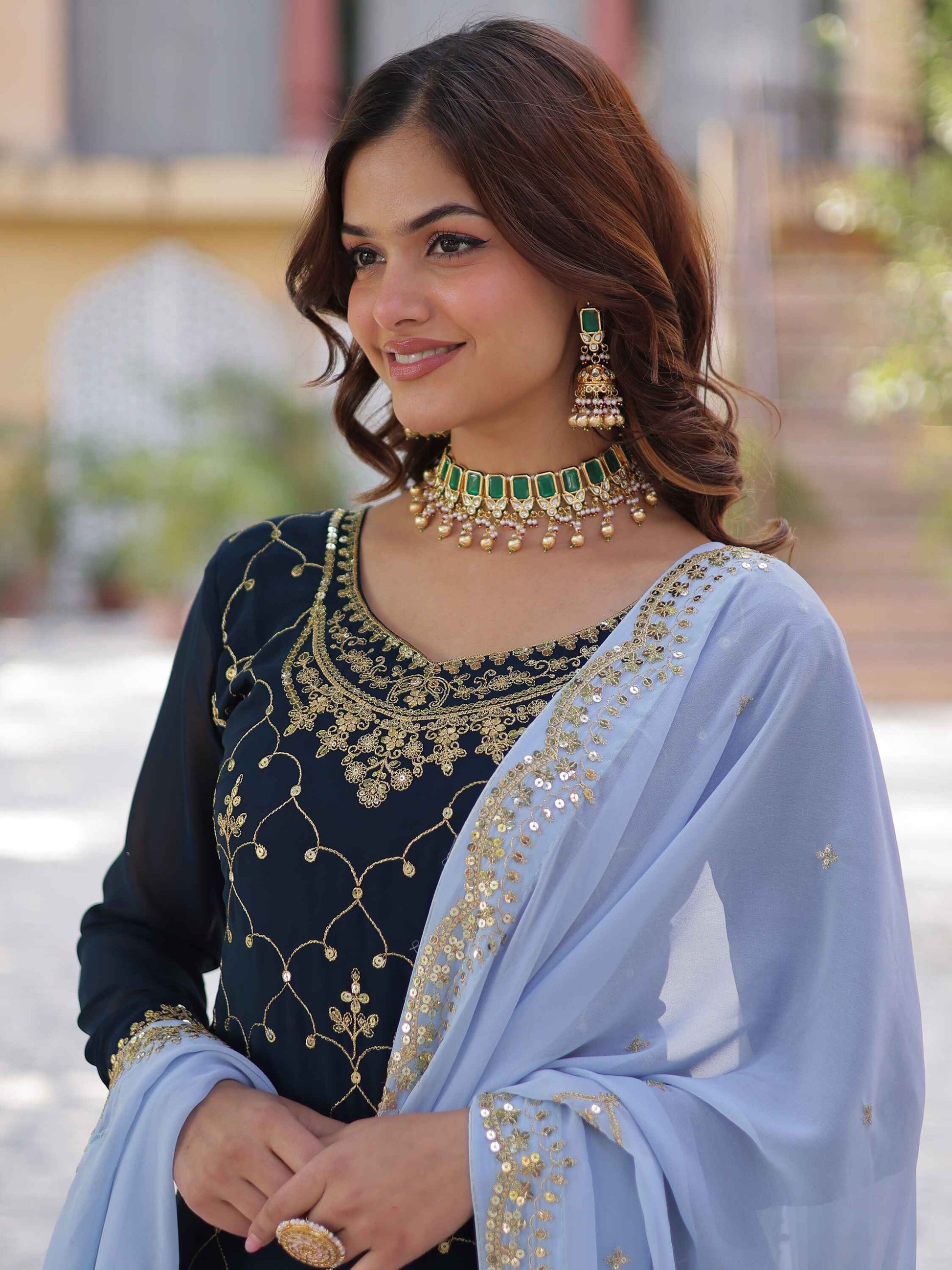 Stunning Blue Sequins Georgette Festival Wear Sharara Suit