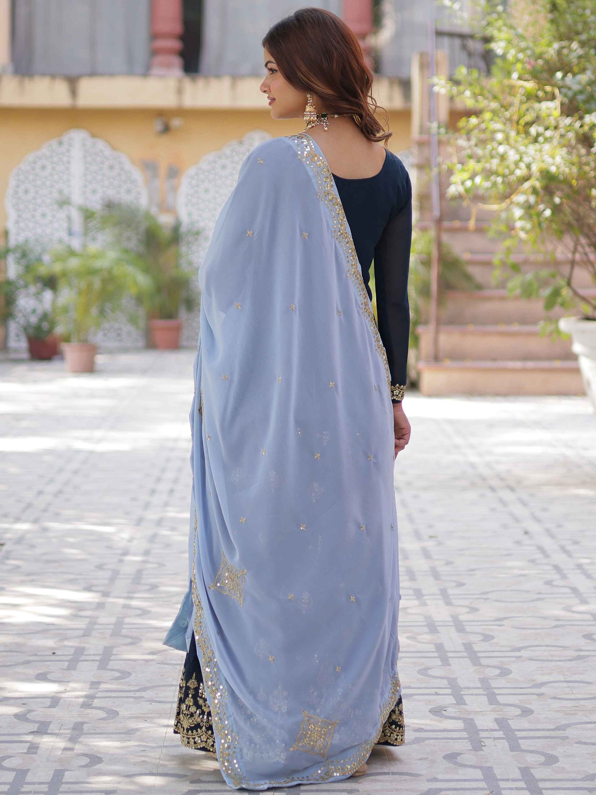 Stunning Blue Sequins Georgette Festival Wear Sharara Suit