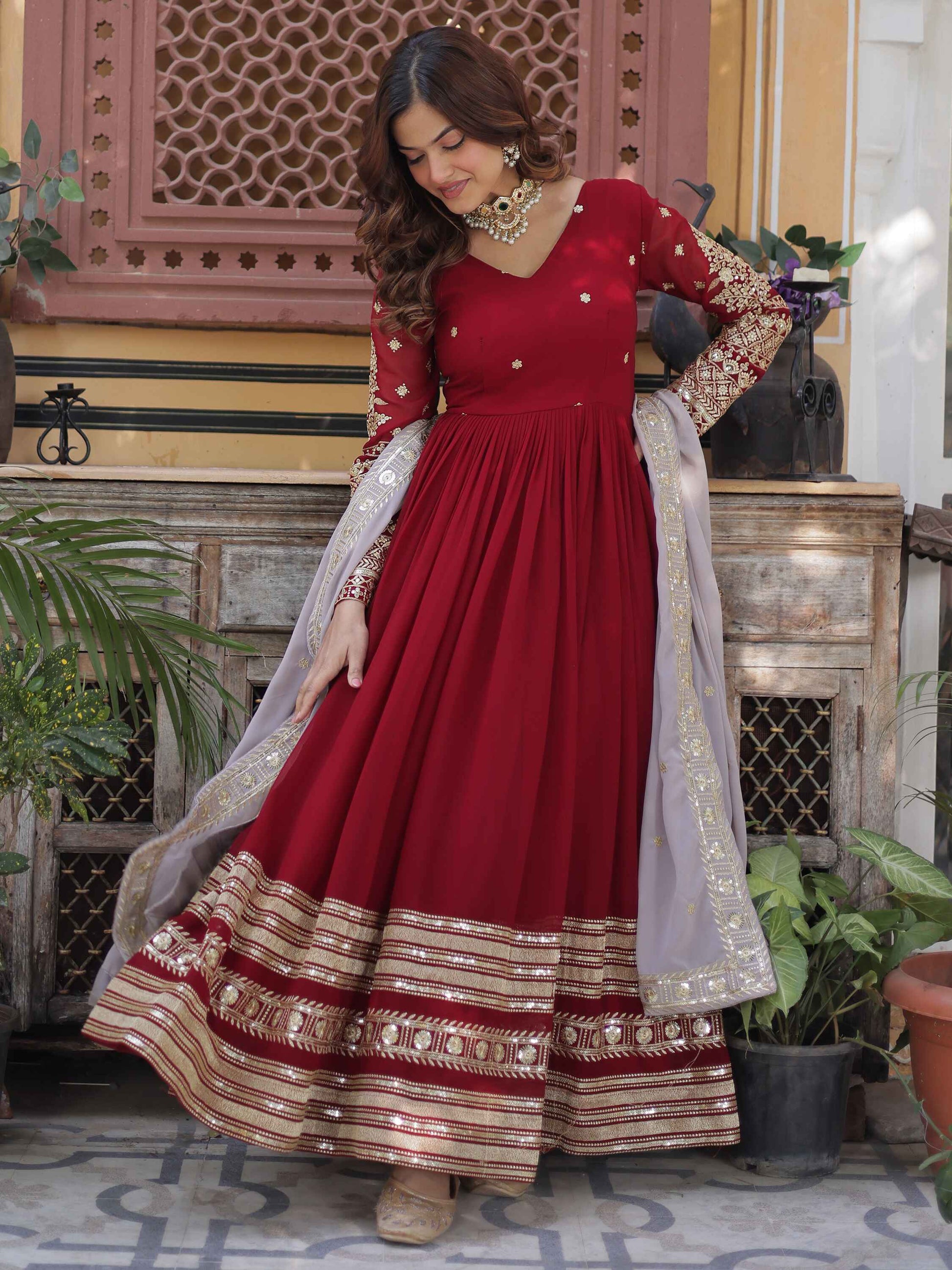 Captivating Red Zari Embroidered Georgette Festival Wear Gown