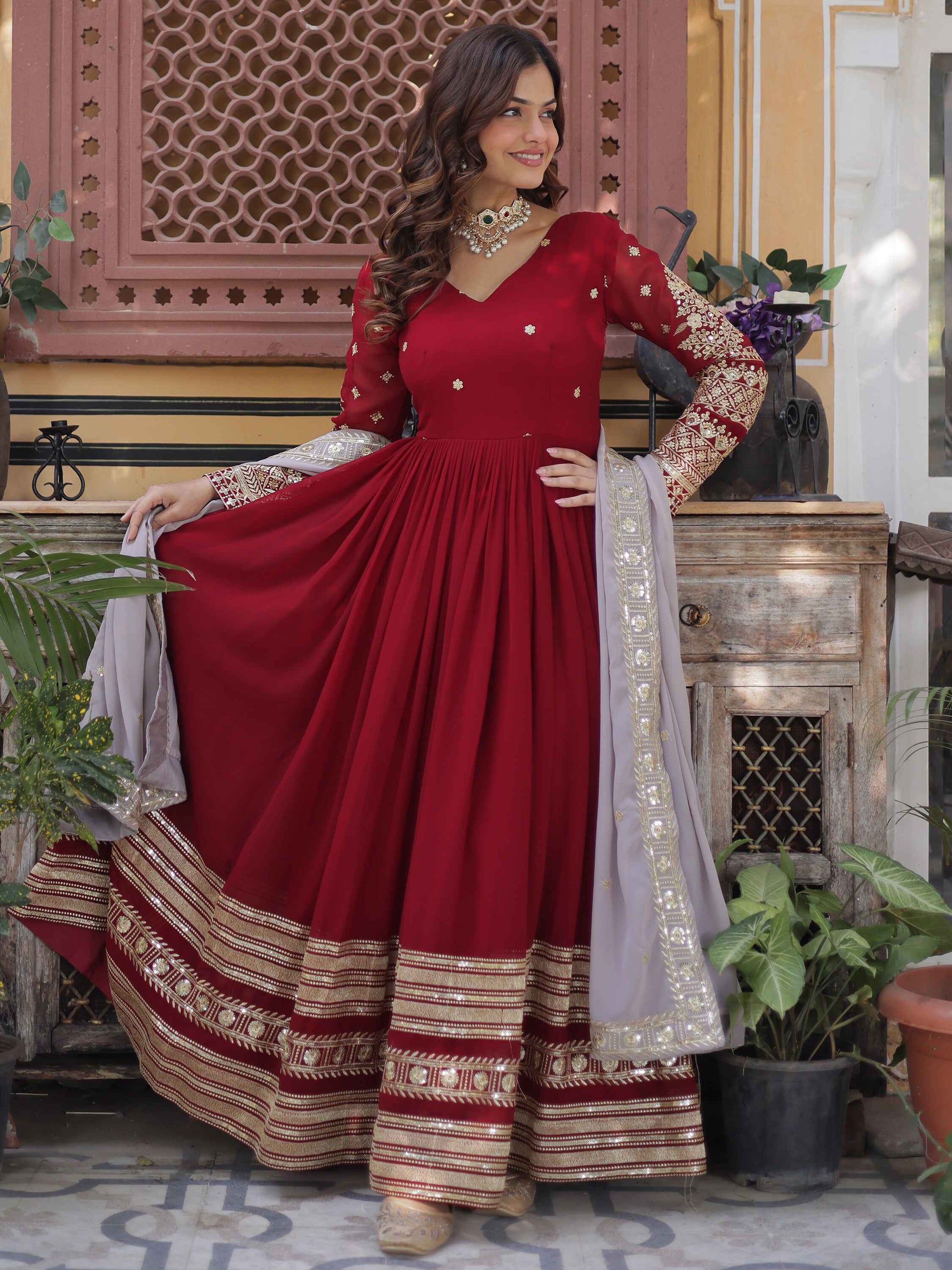 Captivating Red Zari Embroidered Georgette Festival Wear Gown