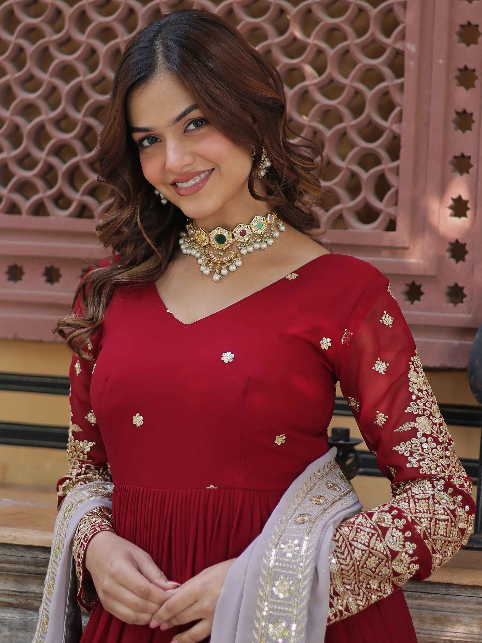 Captivating Red Zari Embroidered Georgette Festival Wear Gown