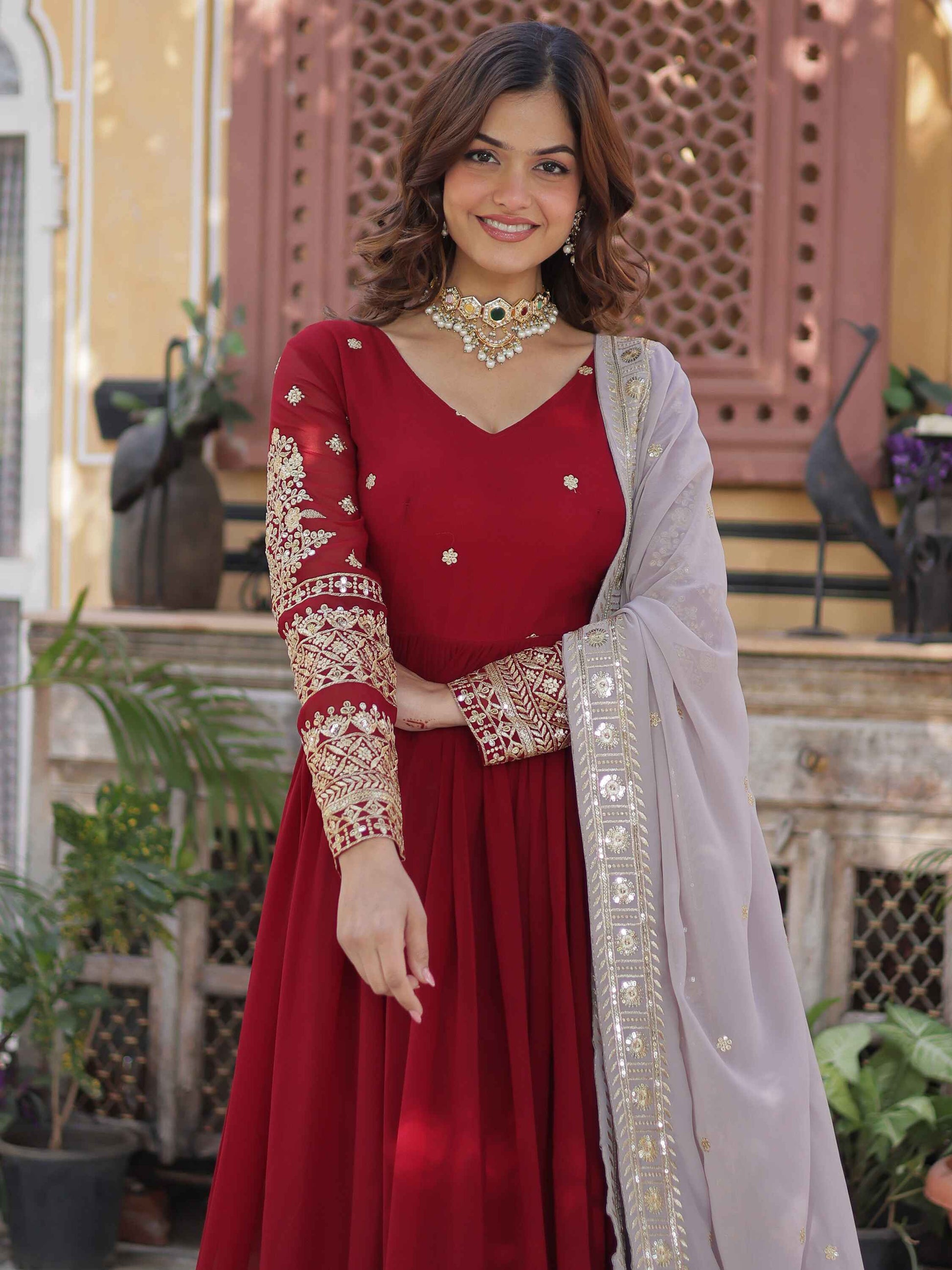 Captivating Red Zari Embroidered Georgette Festival Wear Gown