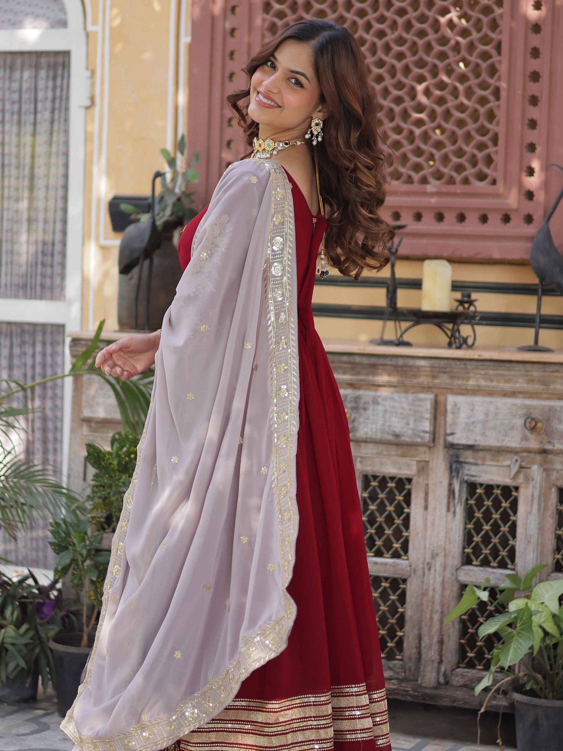 Captivating Red Zari Embroidered Georgette Festival Wear Gown