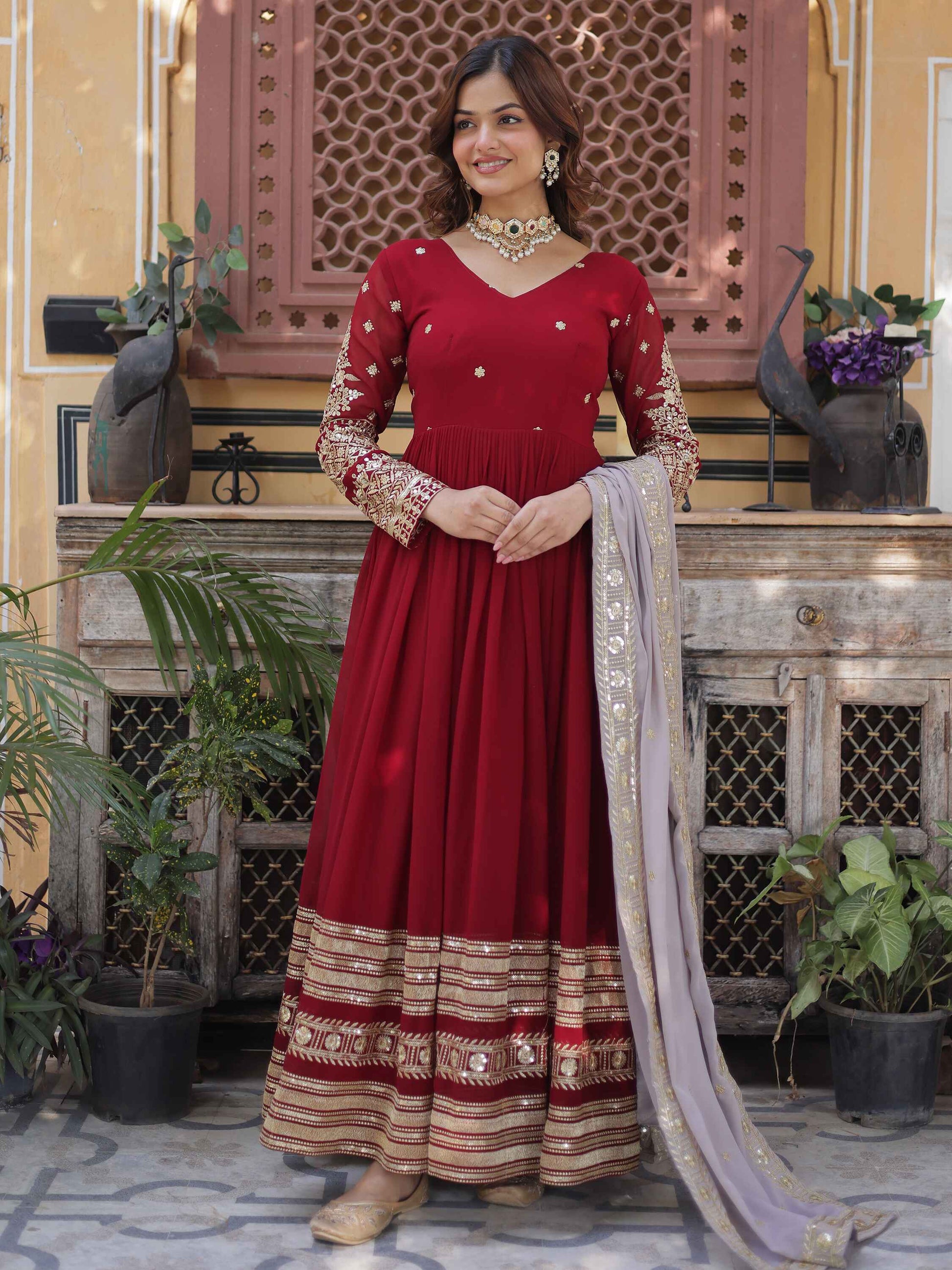 Captivating Red Zari Embroidered Georgette Festival Wear Gown