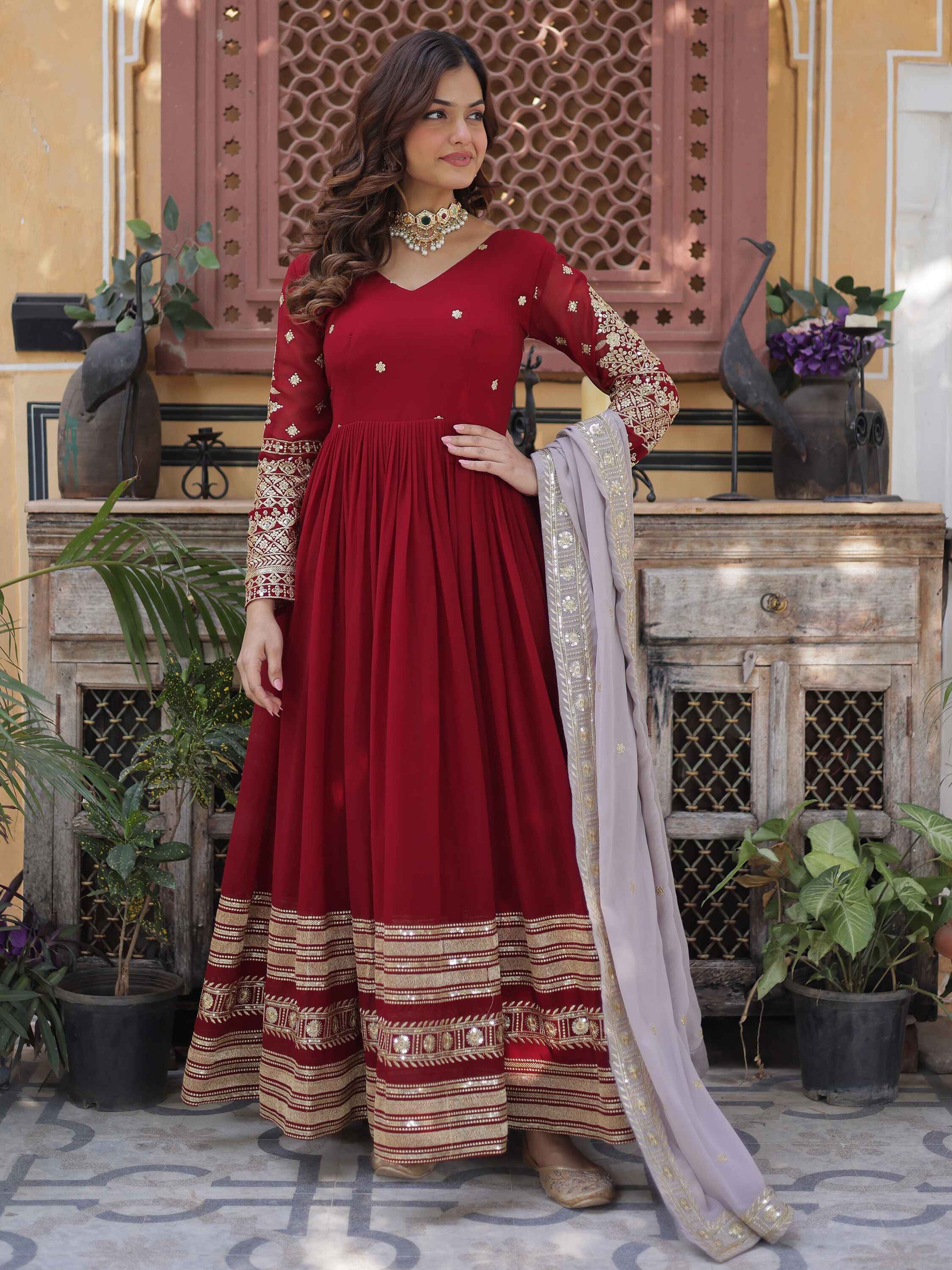 Captivating Red Zari Embroidered Georgette Festival Wear Gown