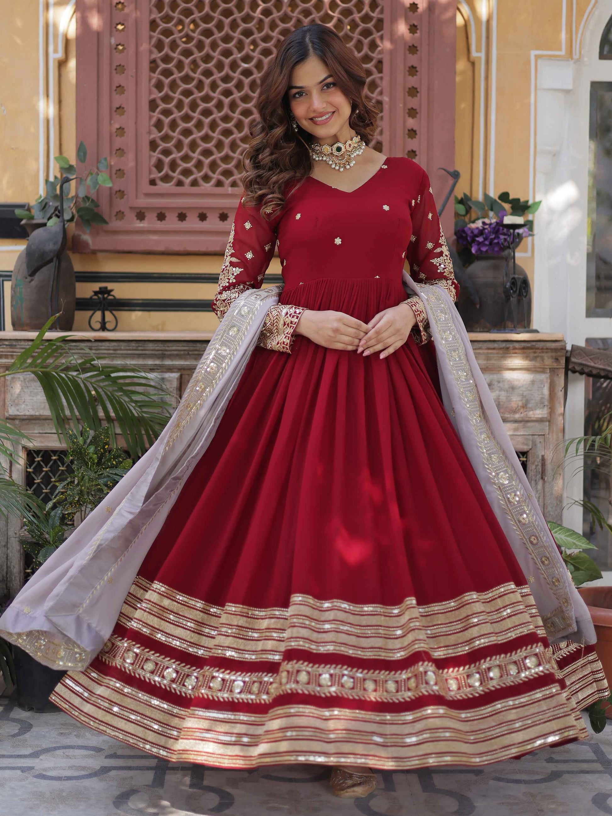 Captivating Red Zari Embroidered Georgette Festival Wear Gown