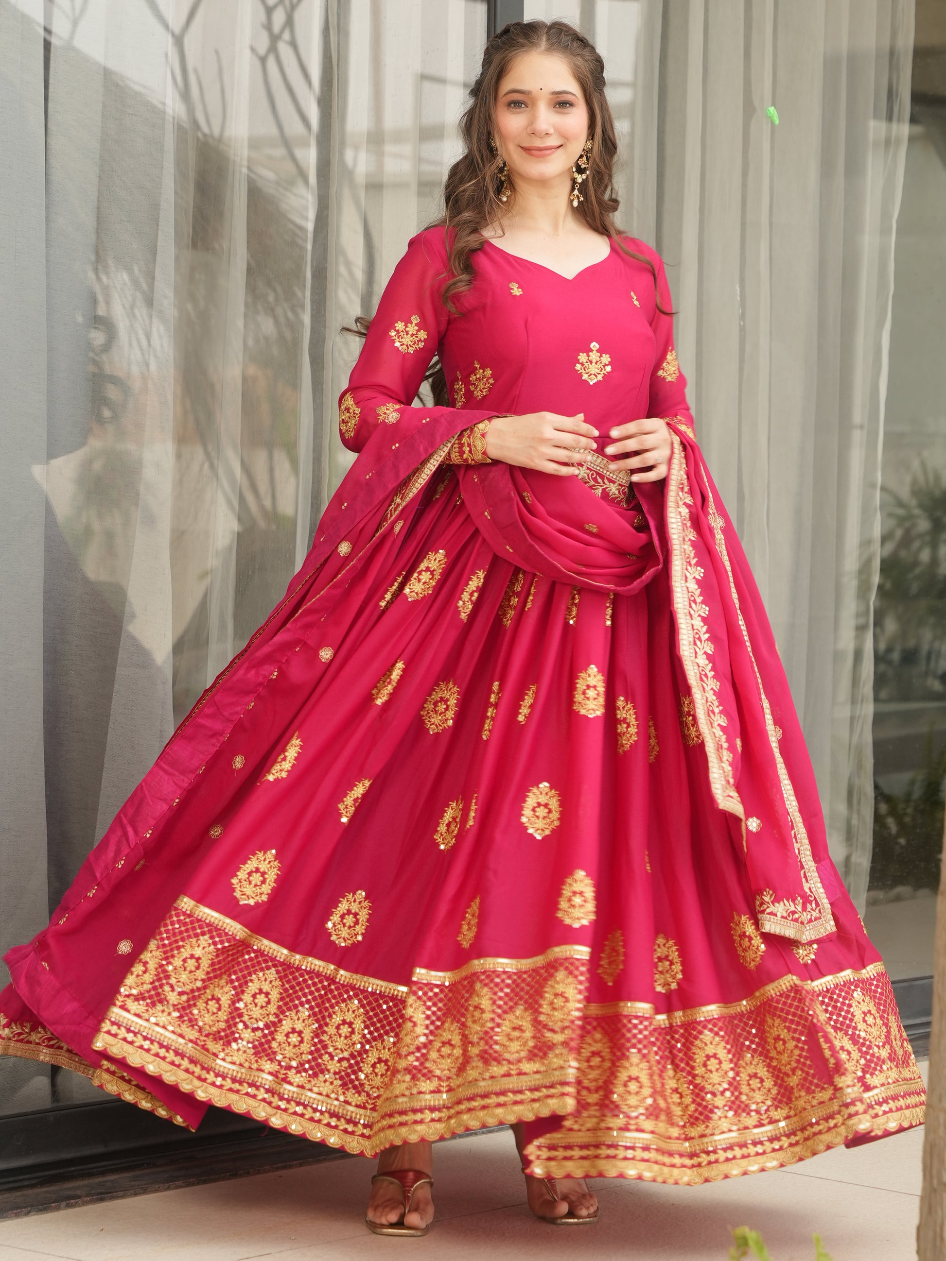 Classic Pink Zari Embroidered Georgette Event Wear Gown With Dupatta
