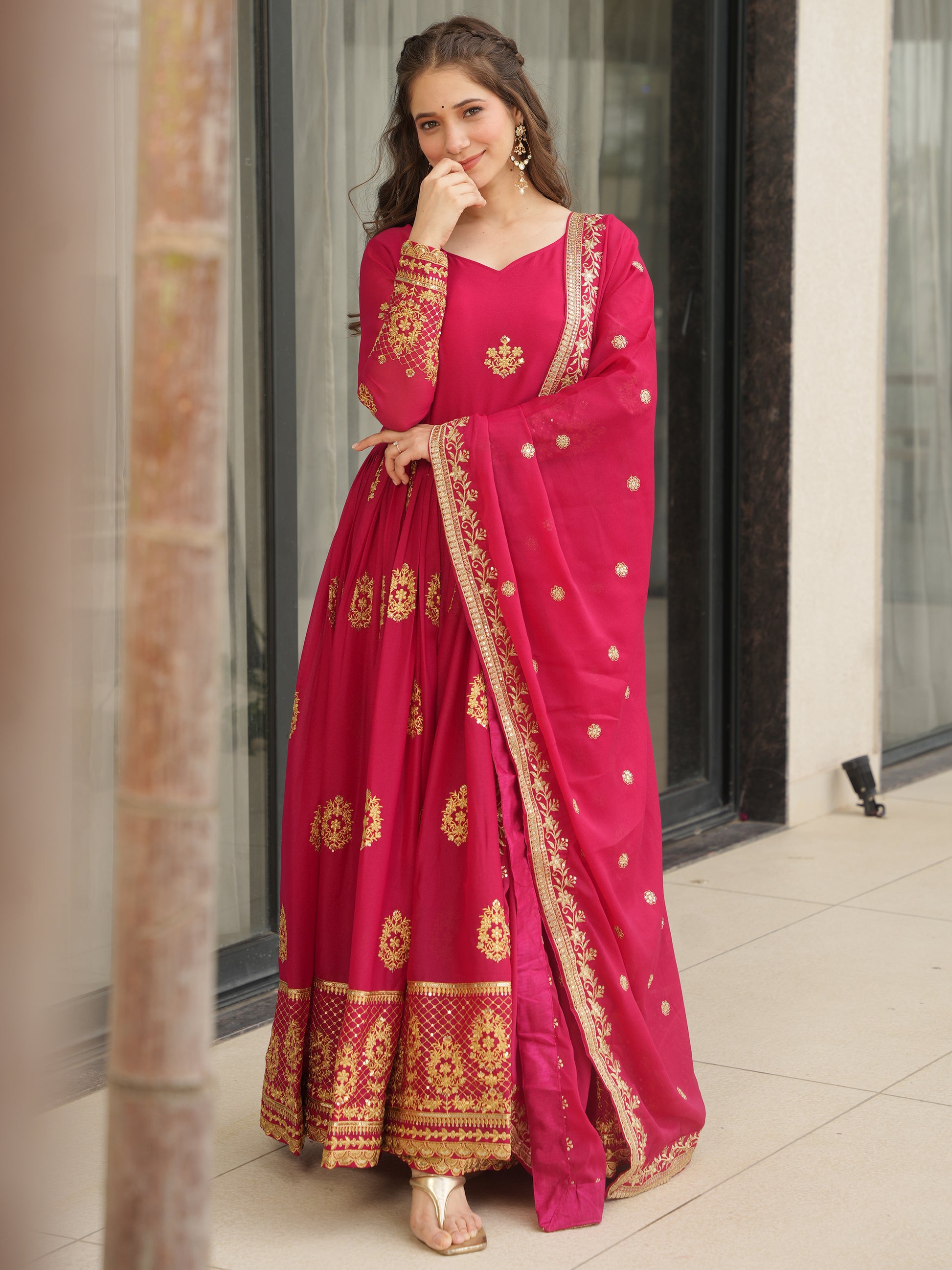 Classic Pink Zari Embroidered Georgette Event Wear Gown With Dupatta