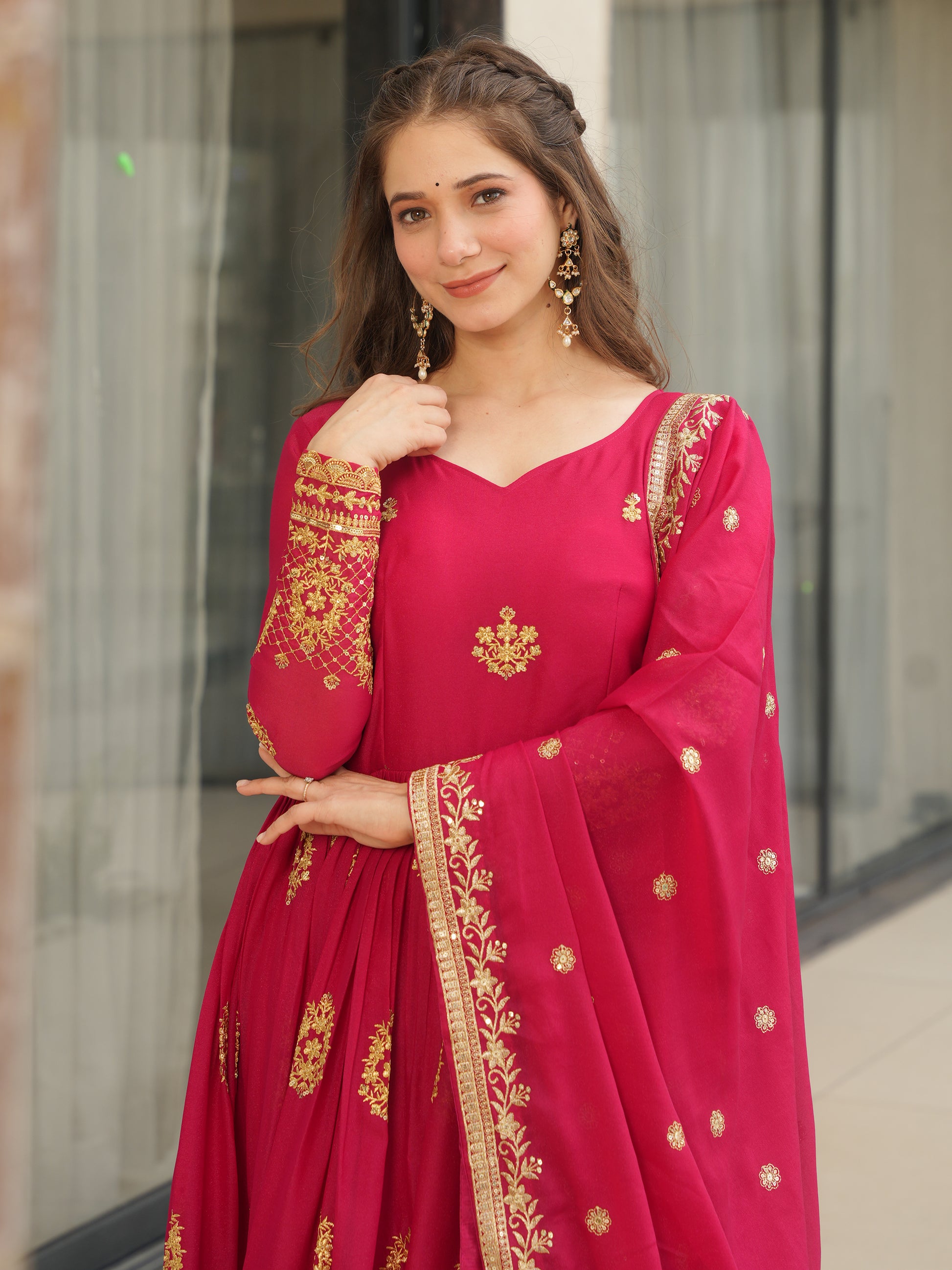 Classic Pink Zari Embroidered Georgette Event Wear Gown With Dupatta