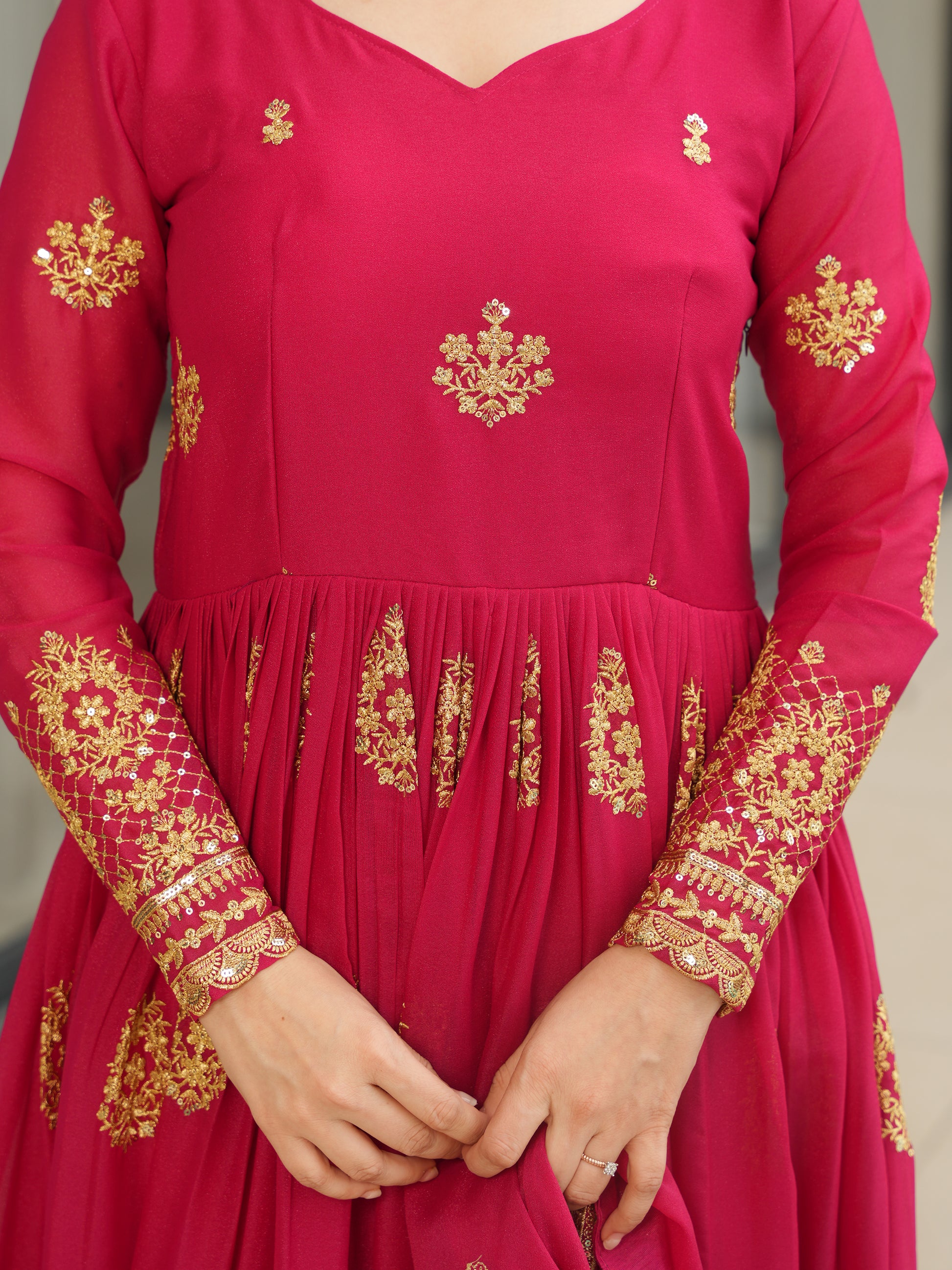 Classic Pink Zari Embroidered Georgette Event Wear Gown With Dupatta