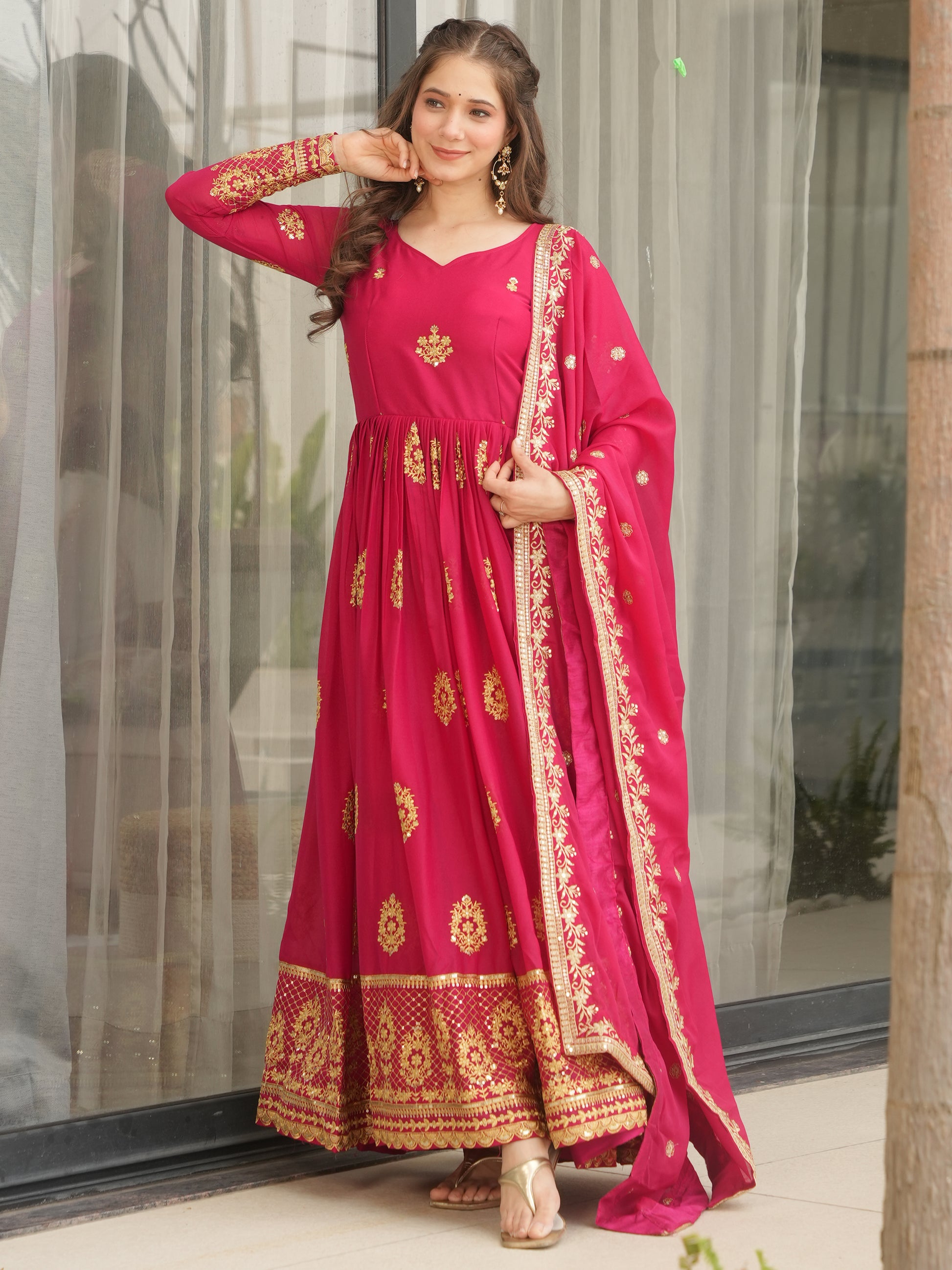 Classic Pink Zari Embroidered Georgette Event Wear Gown With Dupatta