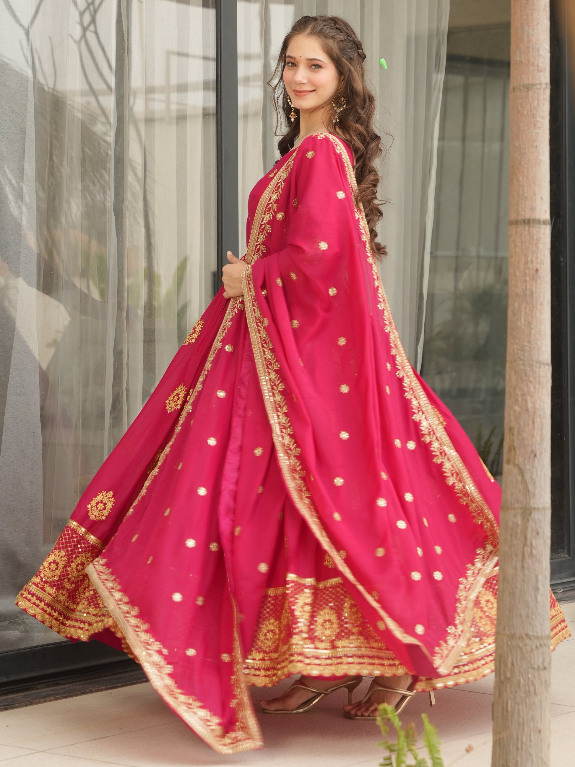 Classic Pink Zari Embroidered Georgette Event Wear Gown With Dupatta