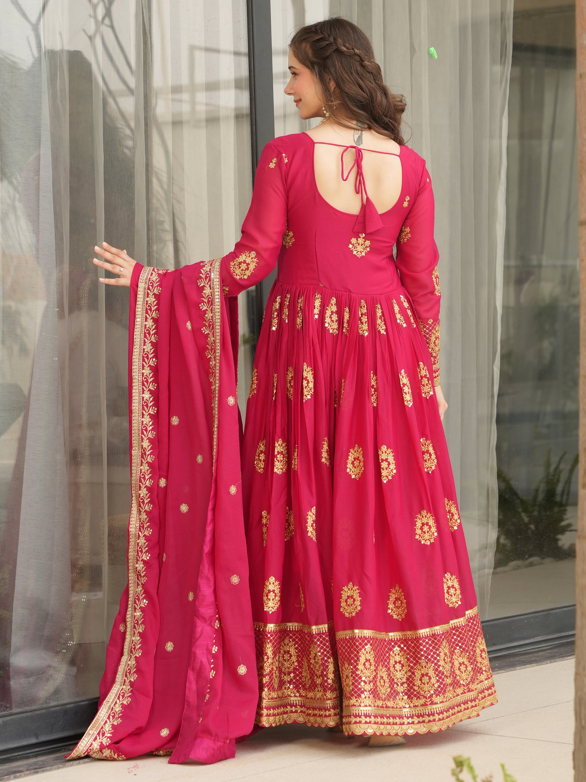 Classic Pink Zari Embroidered Georgette Event Wear Gown With Dupatta