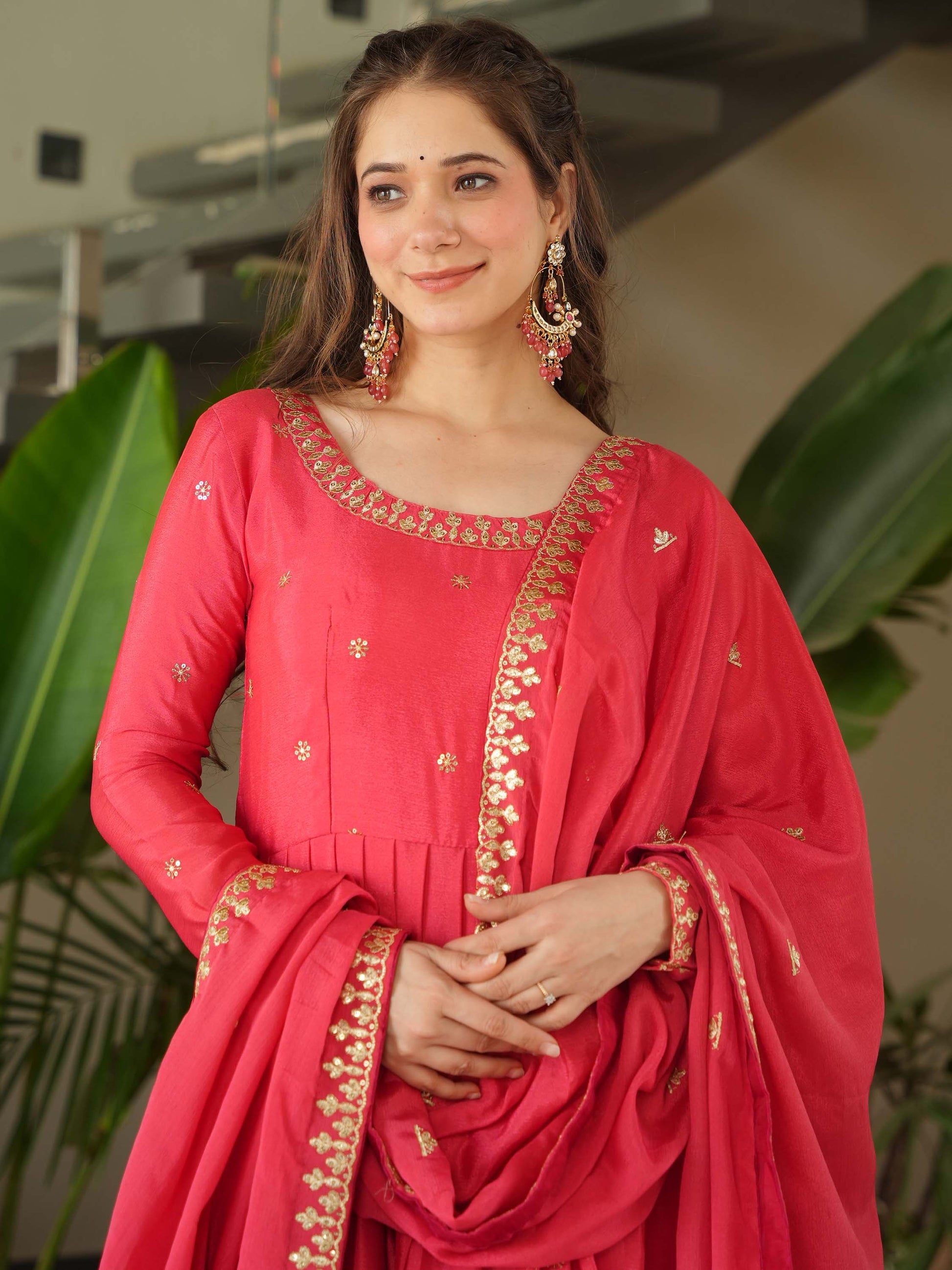 Fascinating Peach Zari Embroidered Chinon Festival Wear Gown