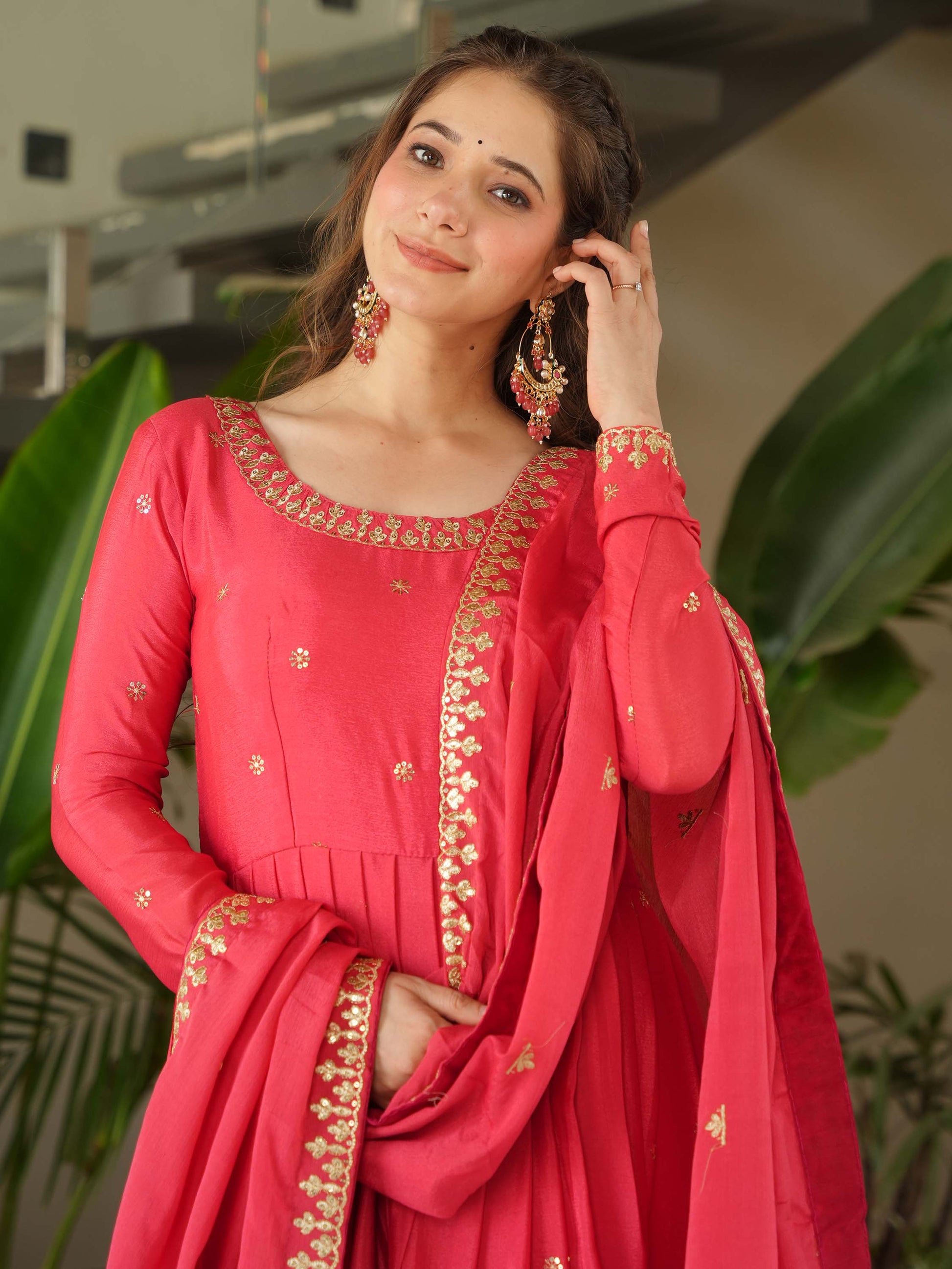 Fascinating Peach Zari Embroidered Chinon Festival Wear Gown