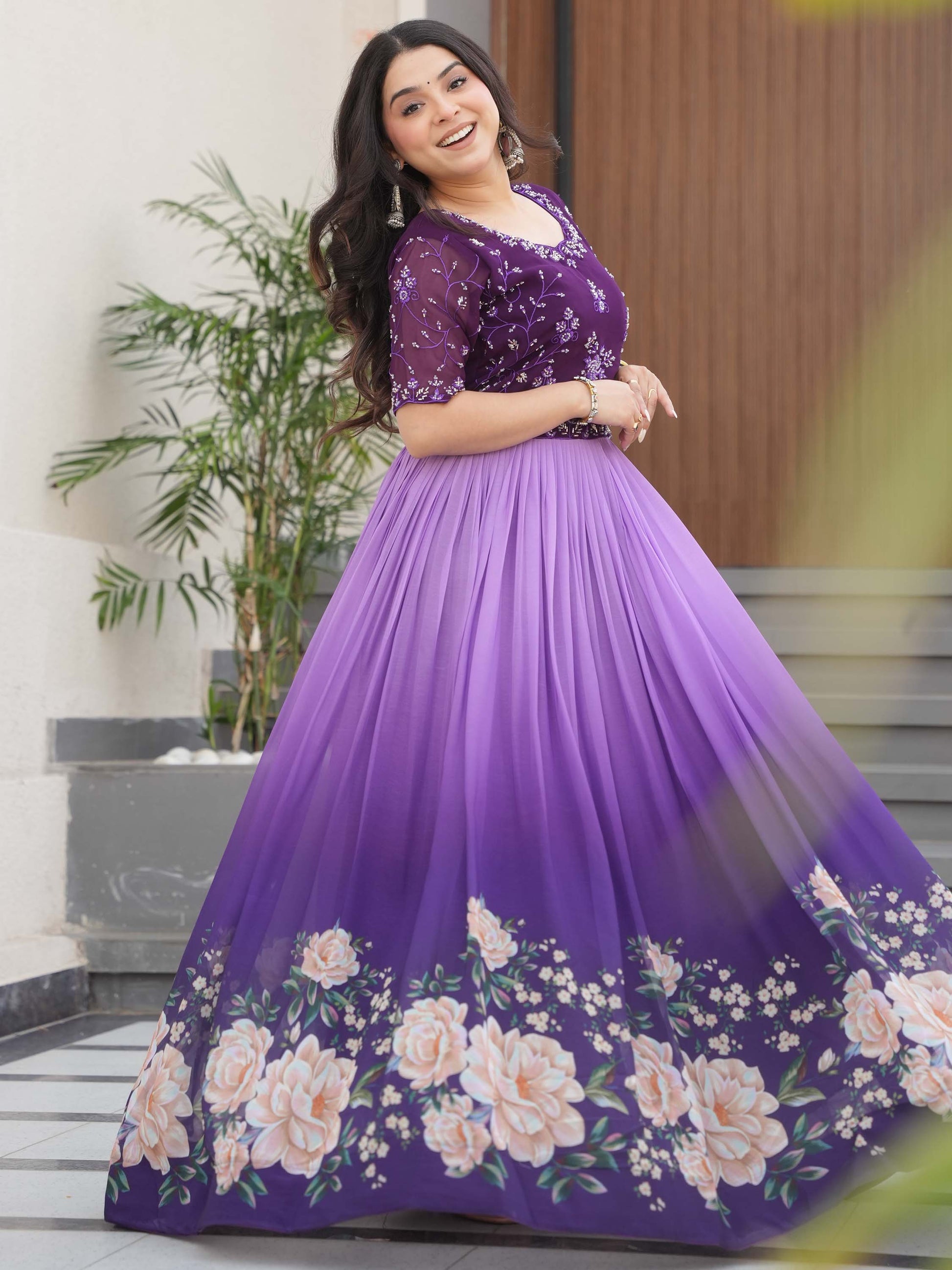 Wonderful Purple Floral Printed Work Georgette Event Wear Gown