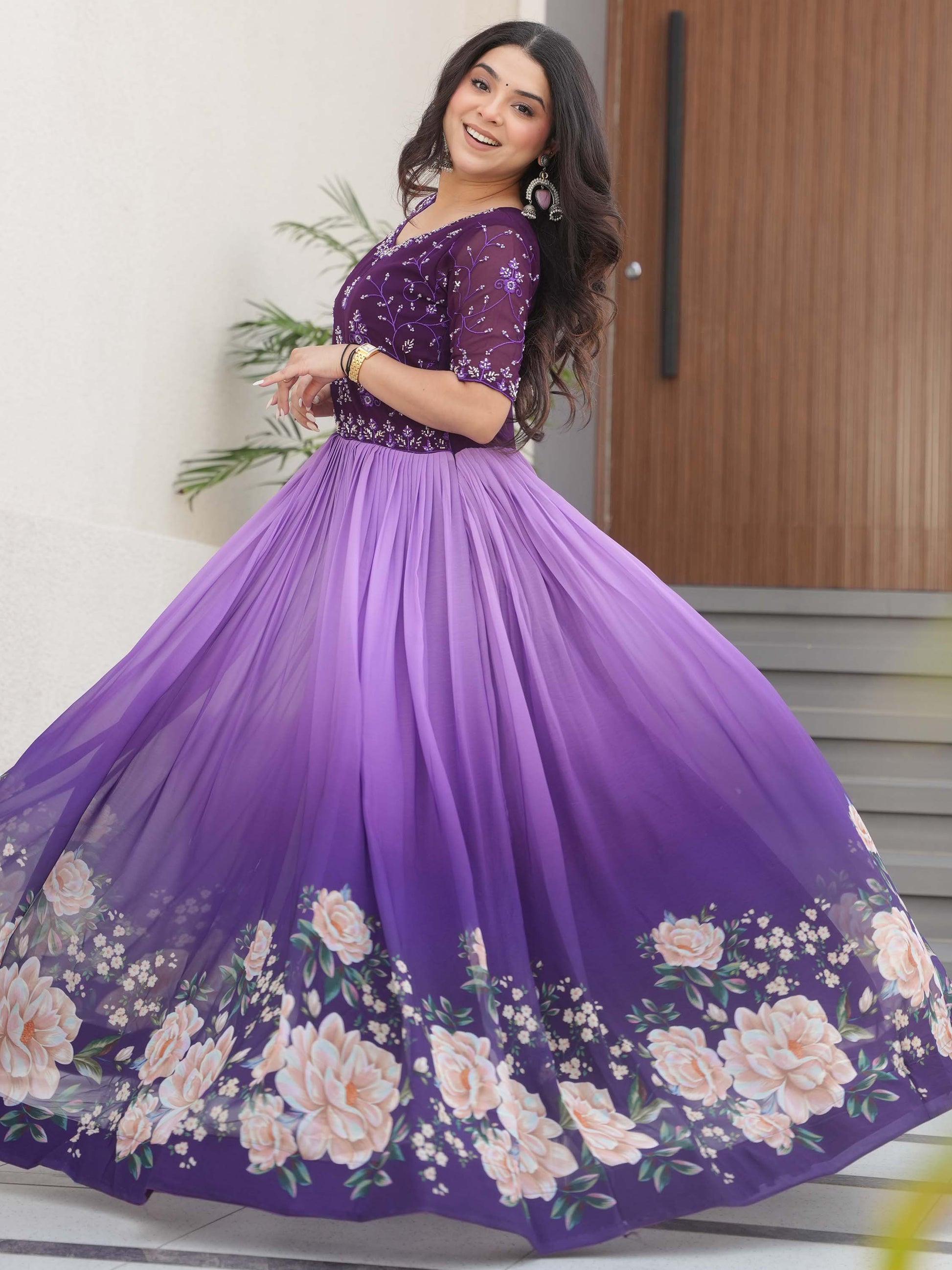 Wonderful Purple Floral Printed Work Georgette Event Wear Gown