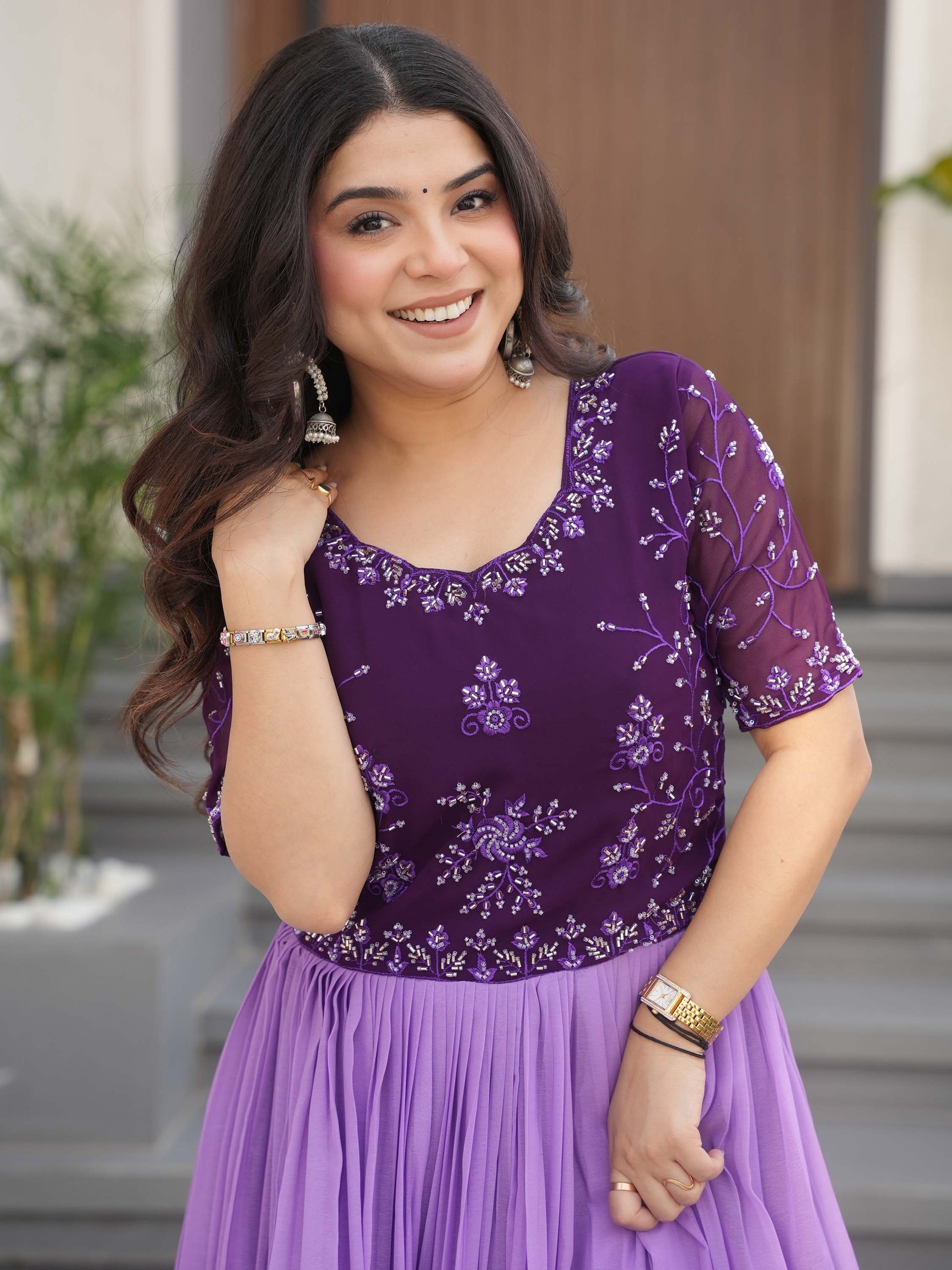 Wonderful Purple Floral Printed Work Georgette Event Wear Gown