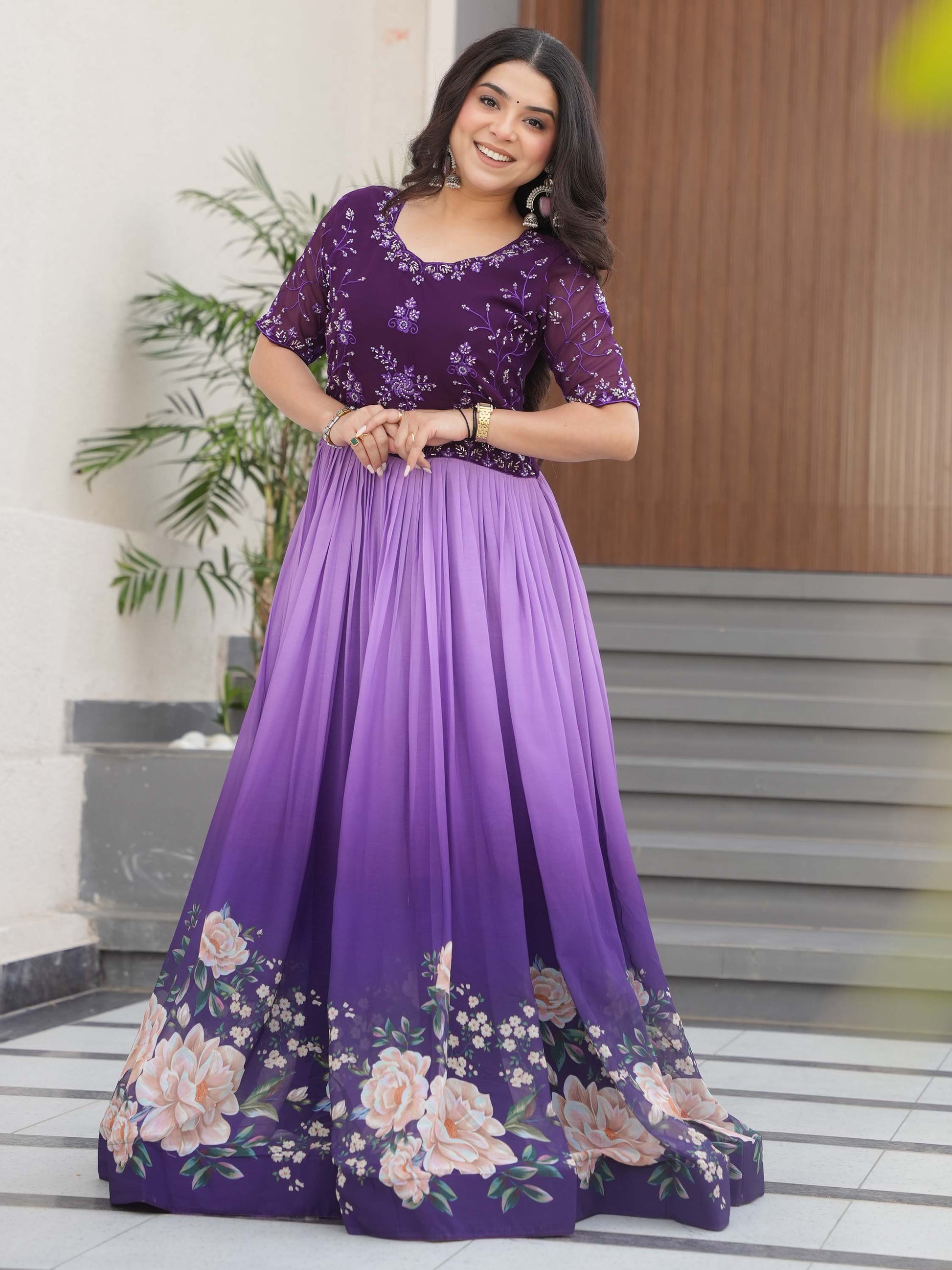 Wonderful Purple Floral Printed Work Georgette Event Wear Gown