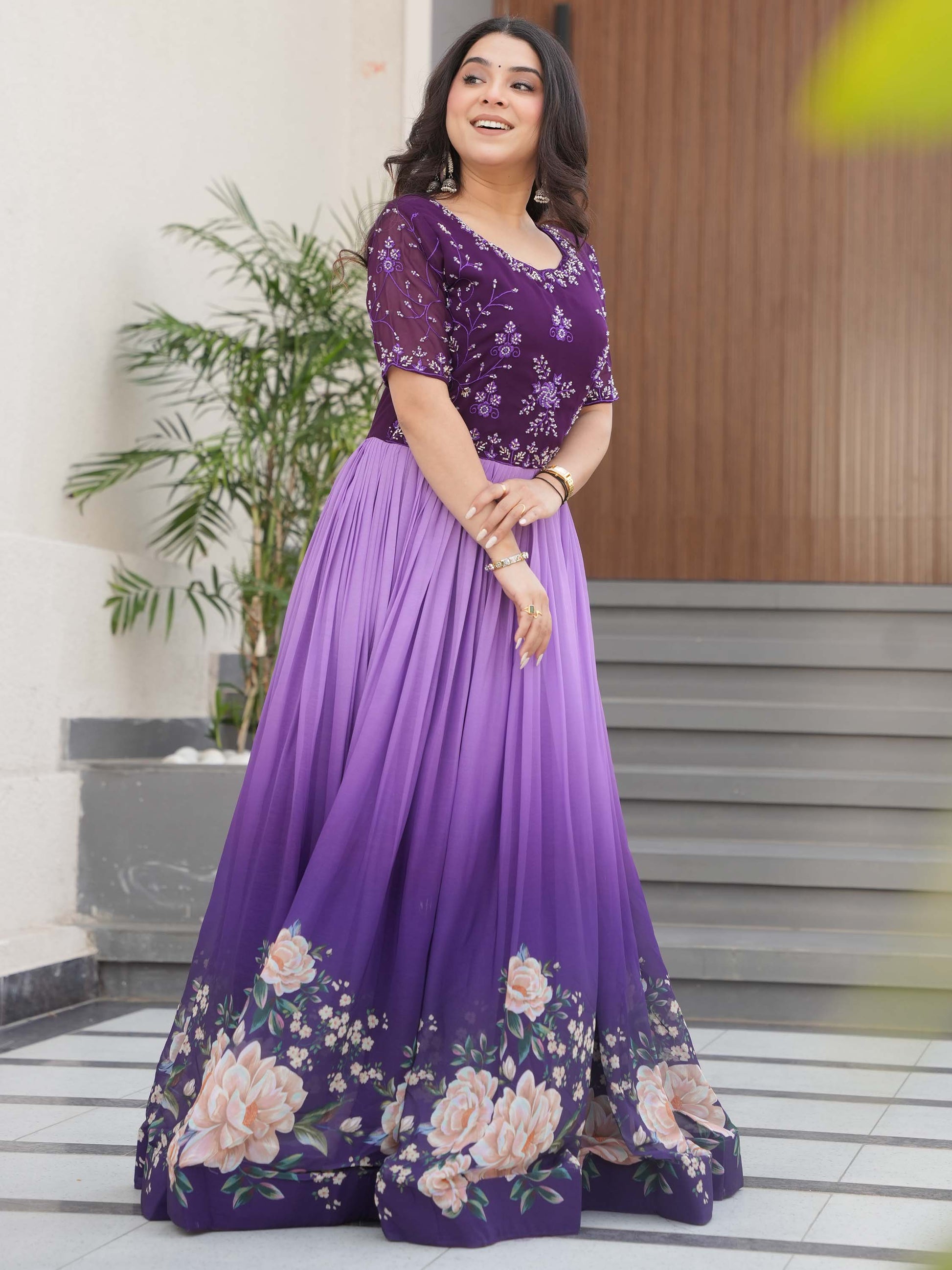 Wonderful Purple Floral Printed Work Georgette Event Wear Gown