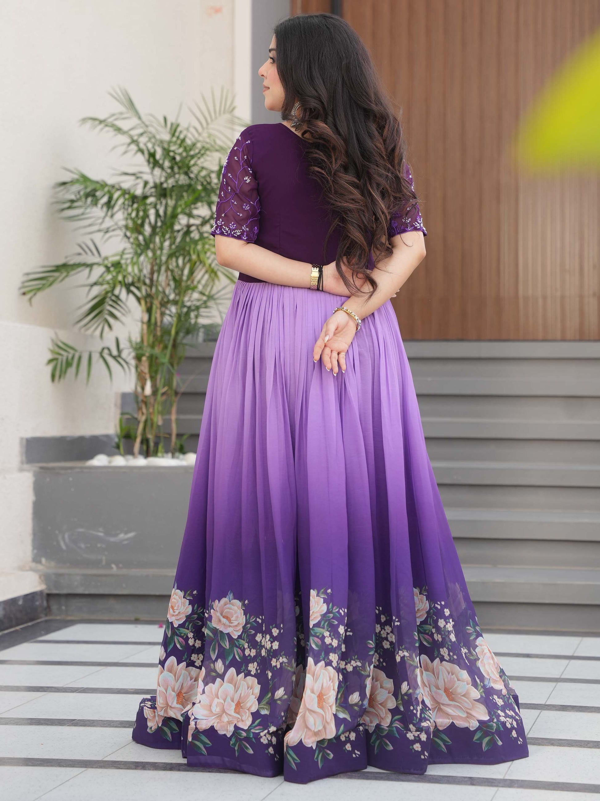 Wonderful Purple Floral Printed Work Georgette Event Wear Gown