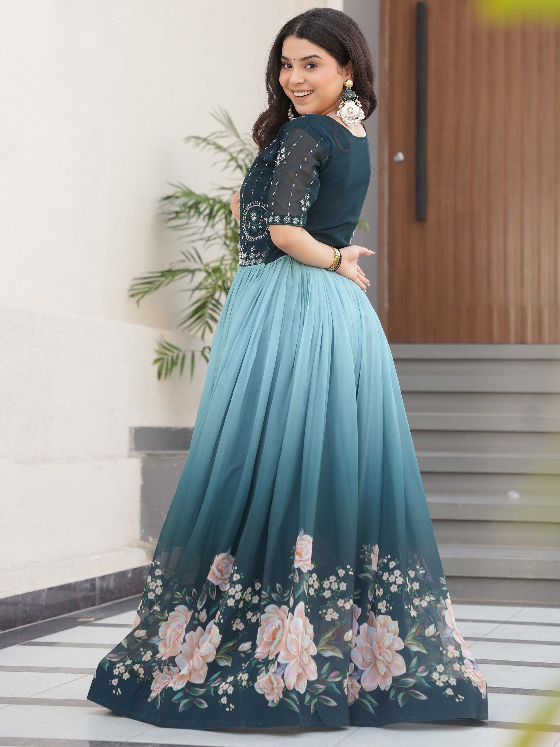 Marvelous Teal Blue Floral Printed Georgette Festival Wear Gown