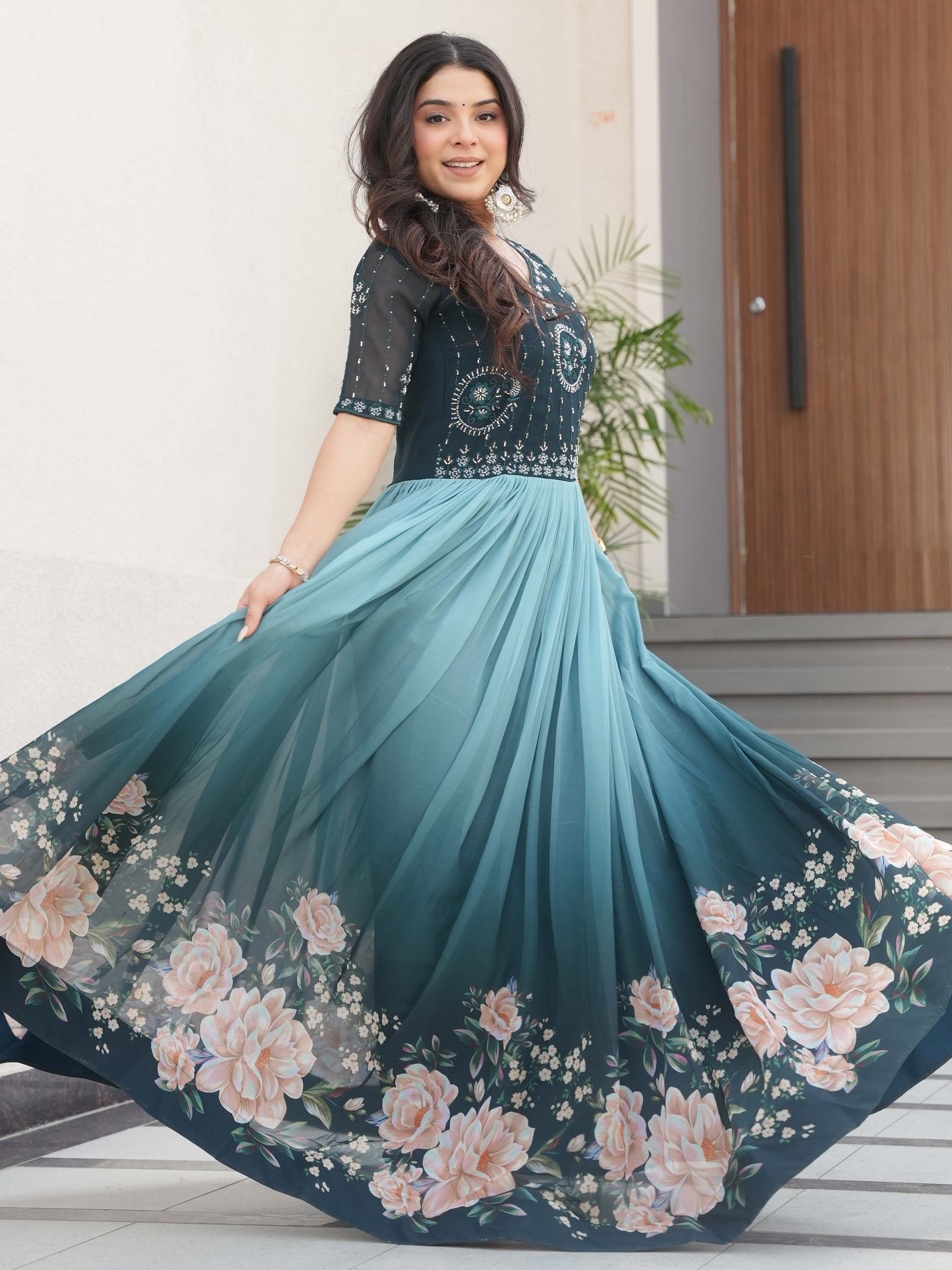 Marvelous Teal Blue Floral Printed Georgette Festival Wear Gown