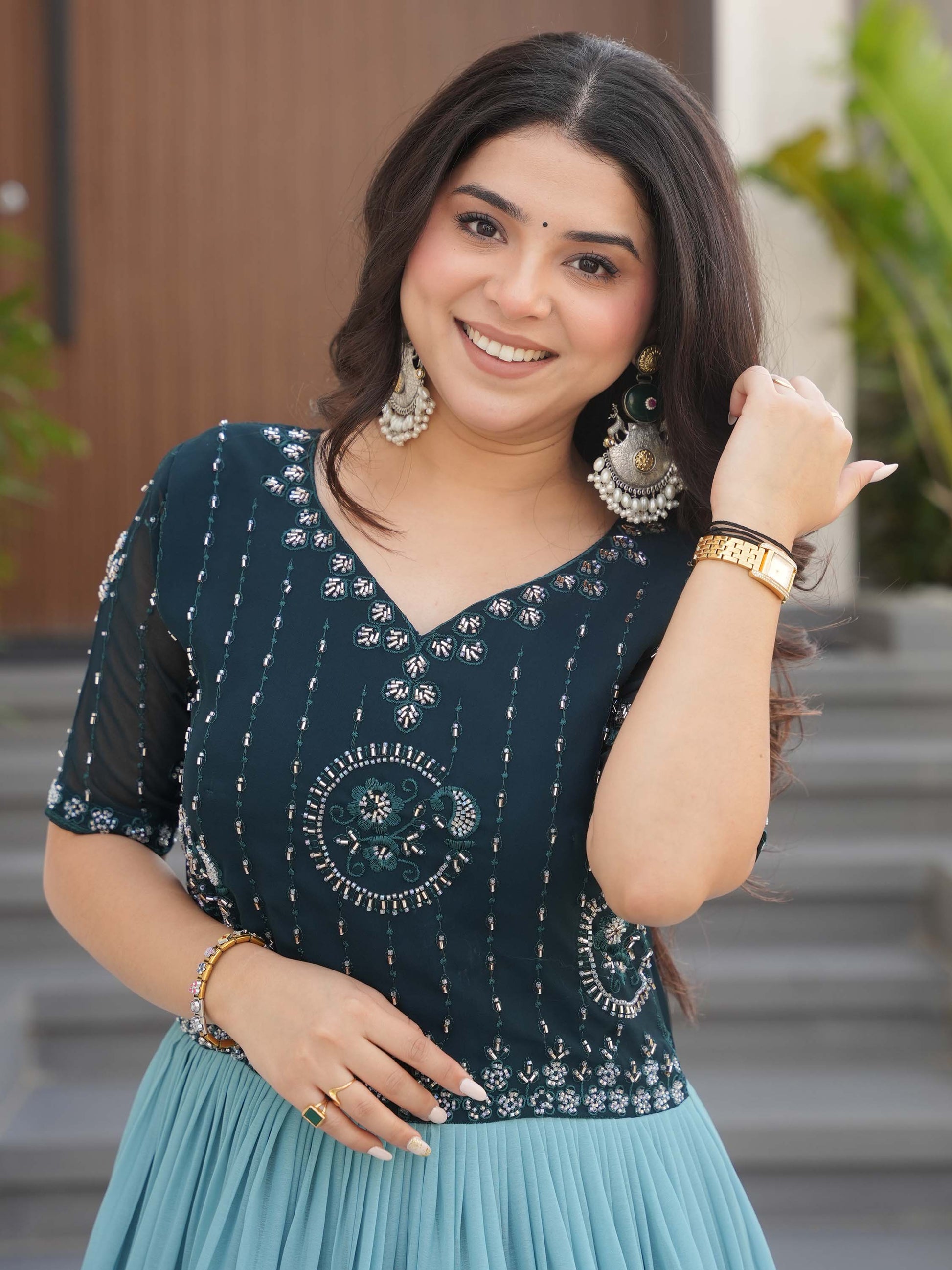 Marvelous Teal Blue Floral Printed Georgette Festival Wear Gown