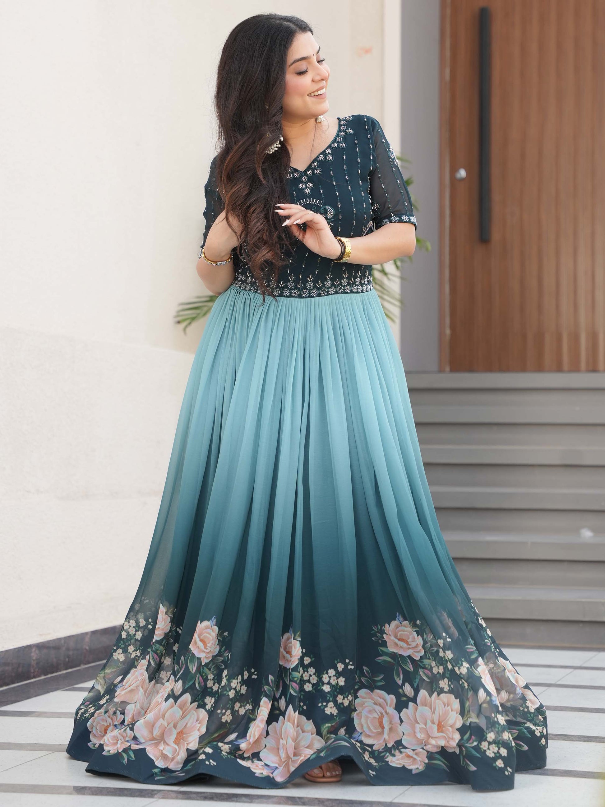 Marvelous Teal Blue Floral Printed Georgette Festival Wear Gown