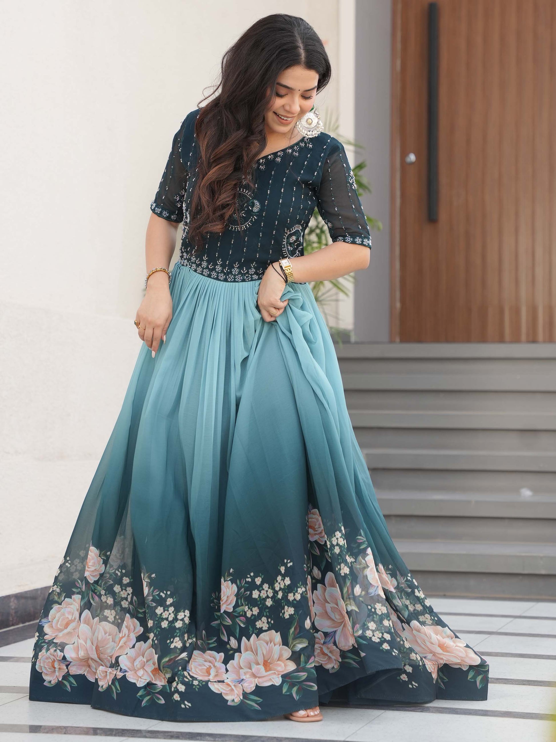 Marvelous Teal Blue Floral Printed Georgette Festival Wear Gown