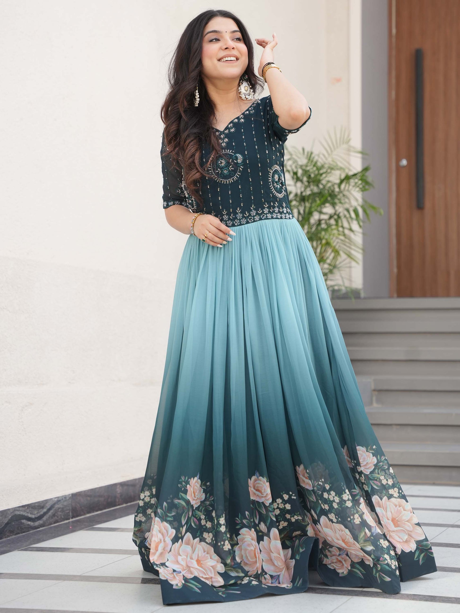 Marvelous Teal Blue Floral Printed Georgette Festival Wear Gown