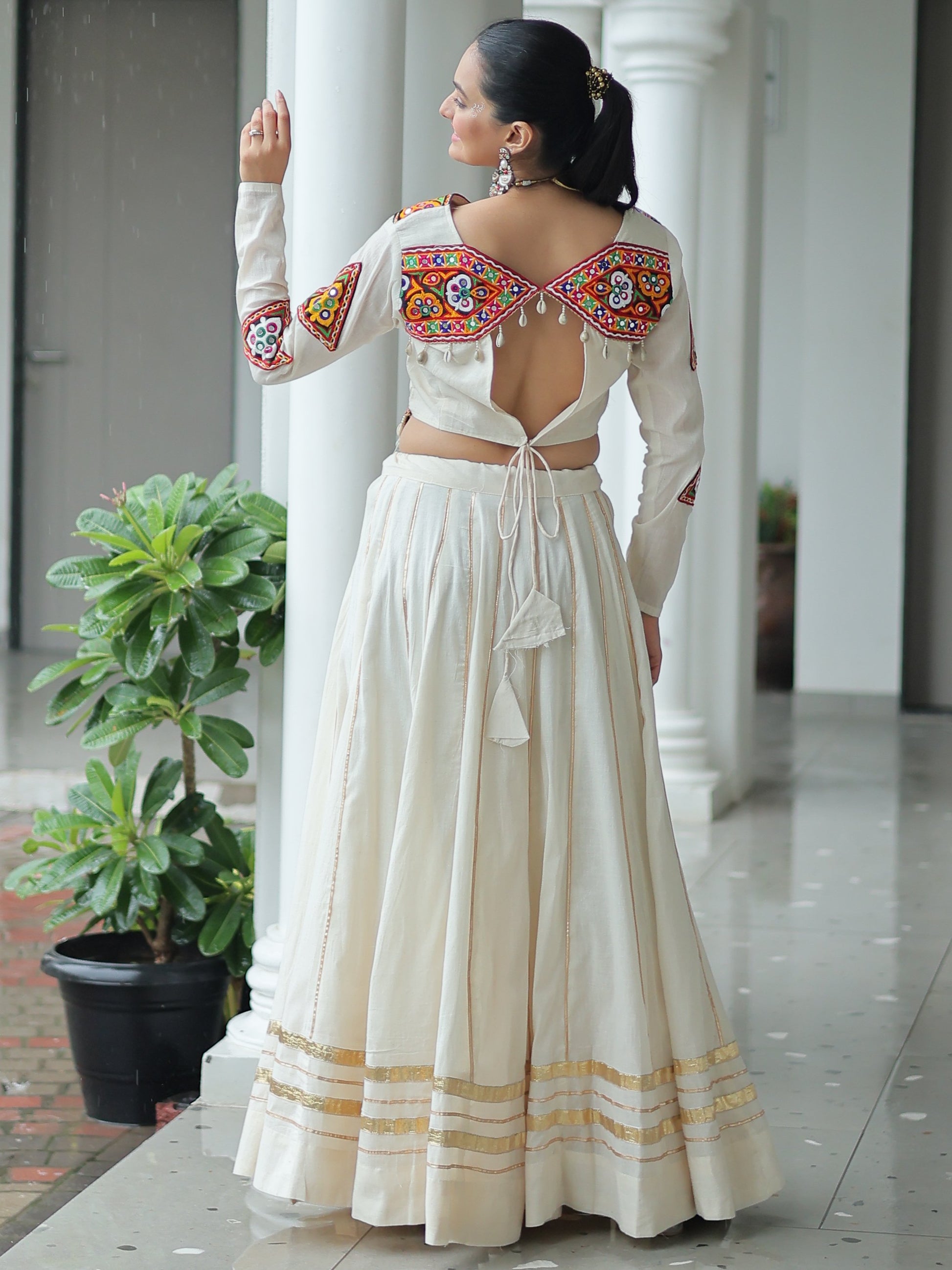 Stylistic Off-White Cotton Navratri Wear Lehenga With Gamthi Work Blouse