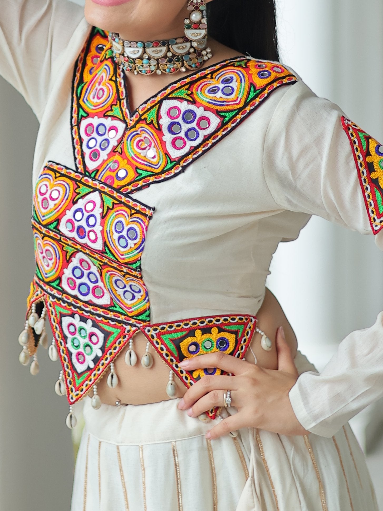 Stylistic Off-White Cotton Navratri Wear Lehenga With Gamthi Work Blouse
