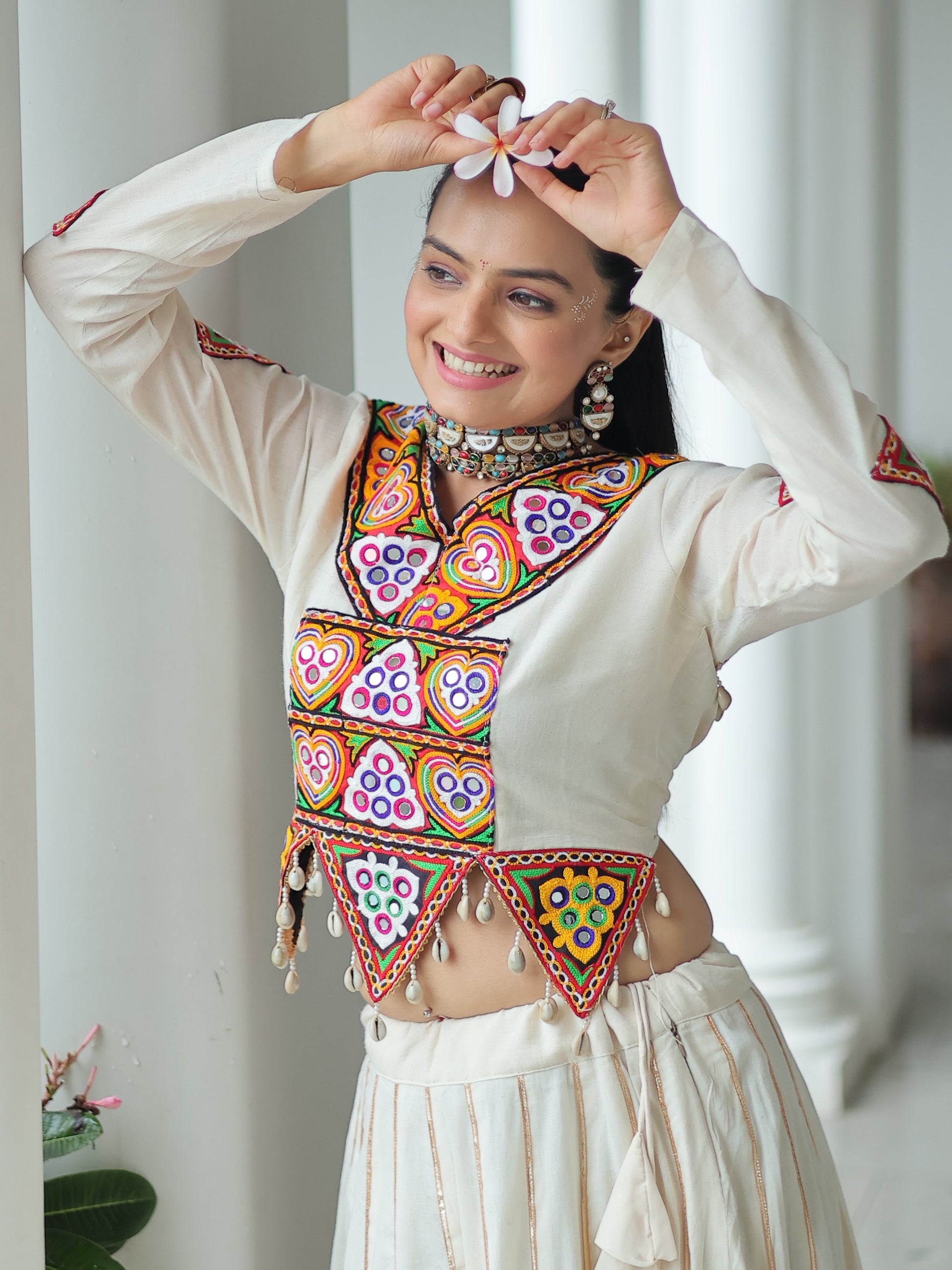 Stylistic Off-White Cotton Navratri Wear Lehenga With Gamthi Work Blouse