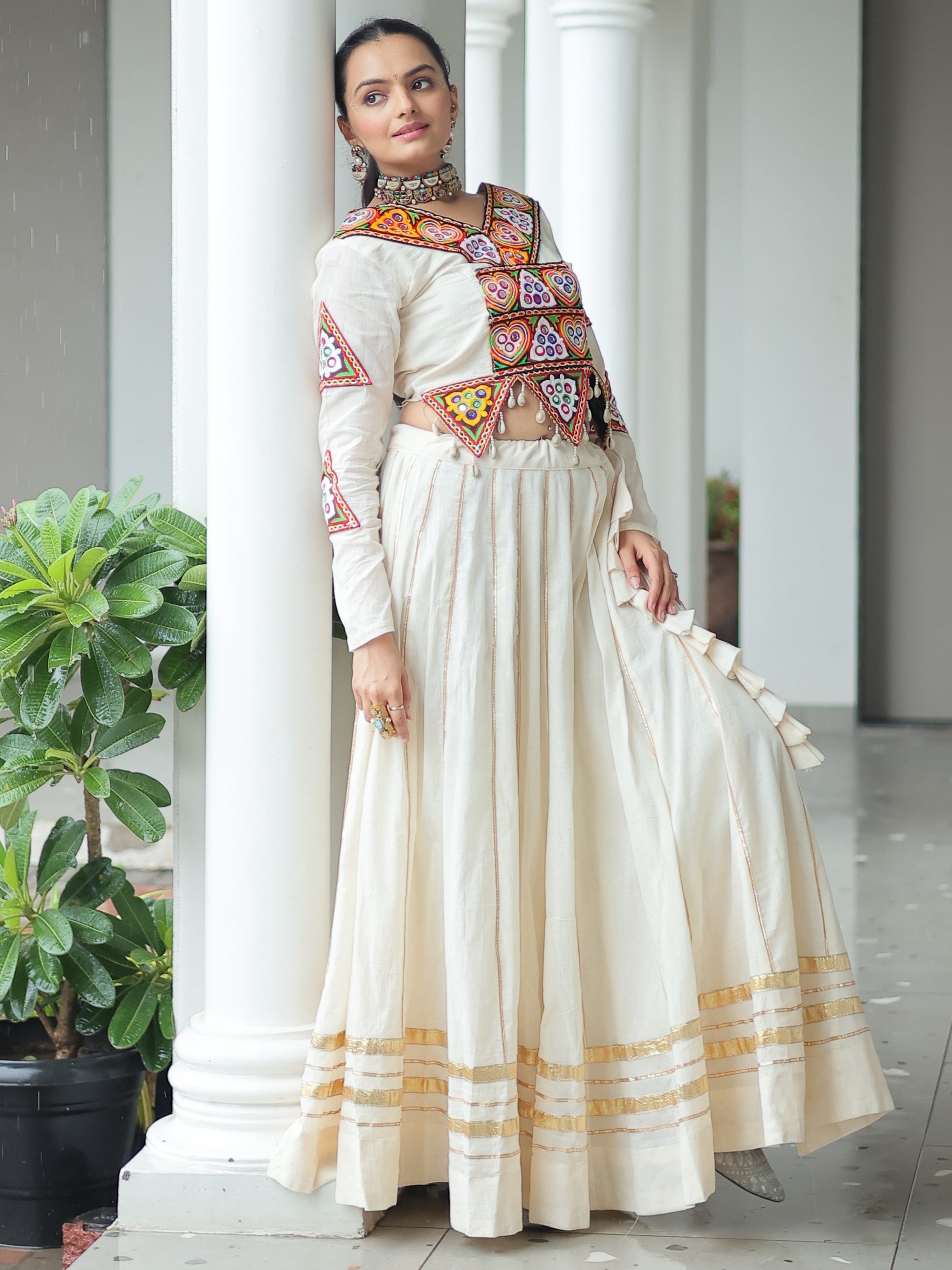 Stylistic Off-White Cotton Navratri Wear Lehenga With Gamthi Work Blouse