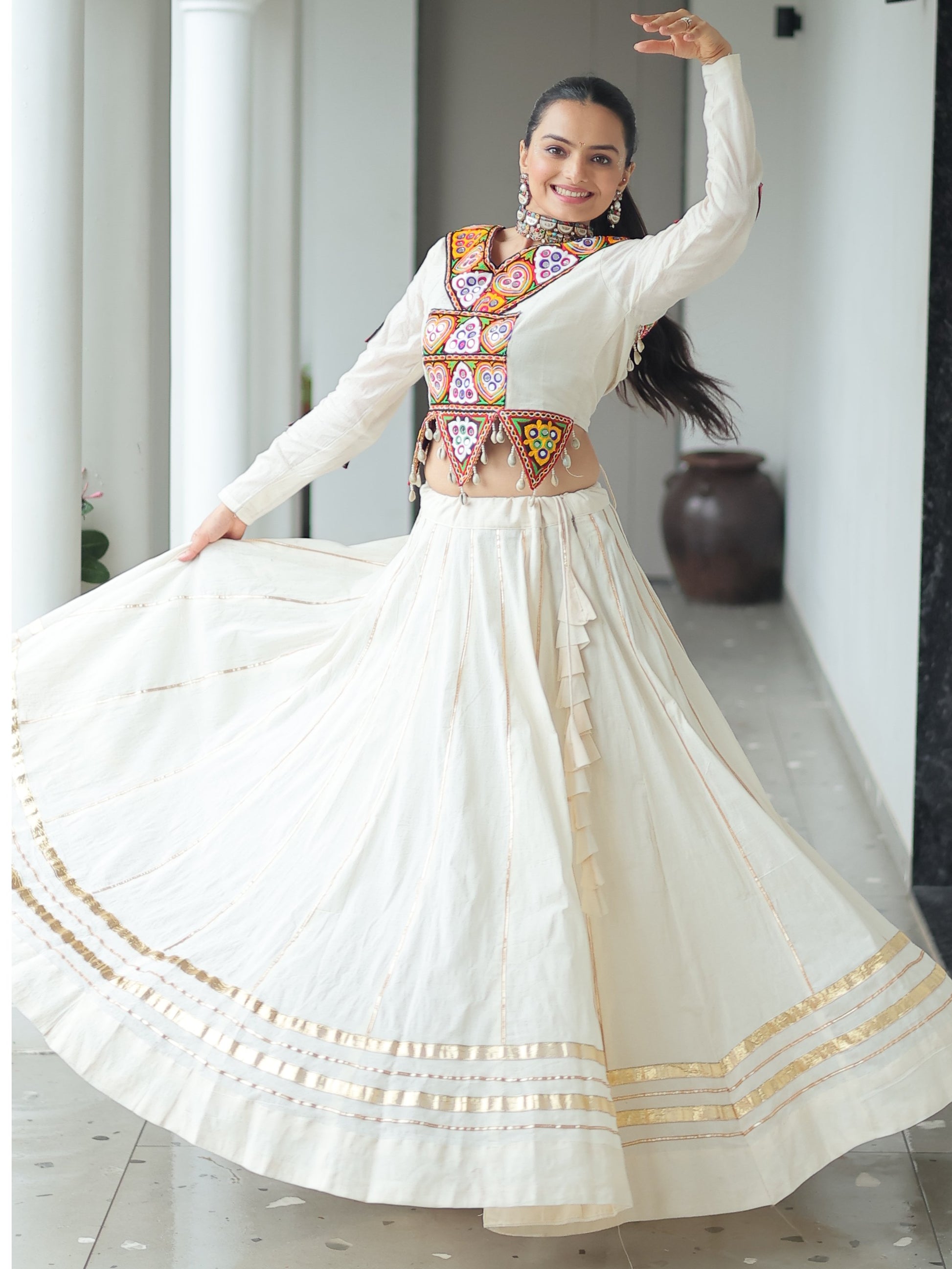Stylistic Off-White Cotton Navratri Wear Lehenga With Gamthi Work Blouse