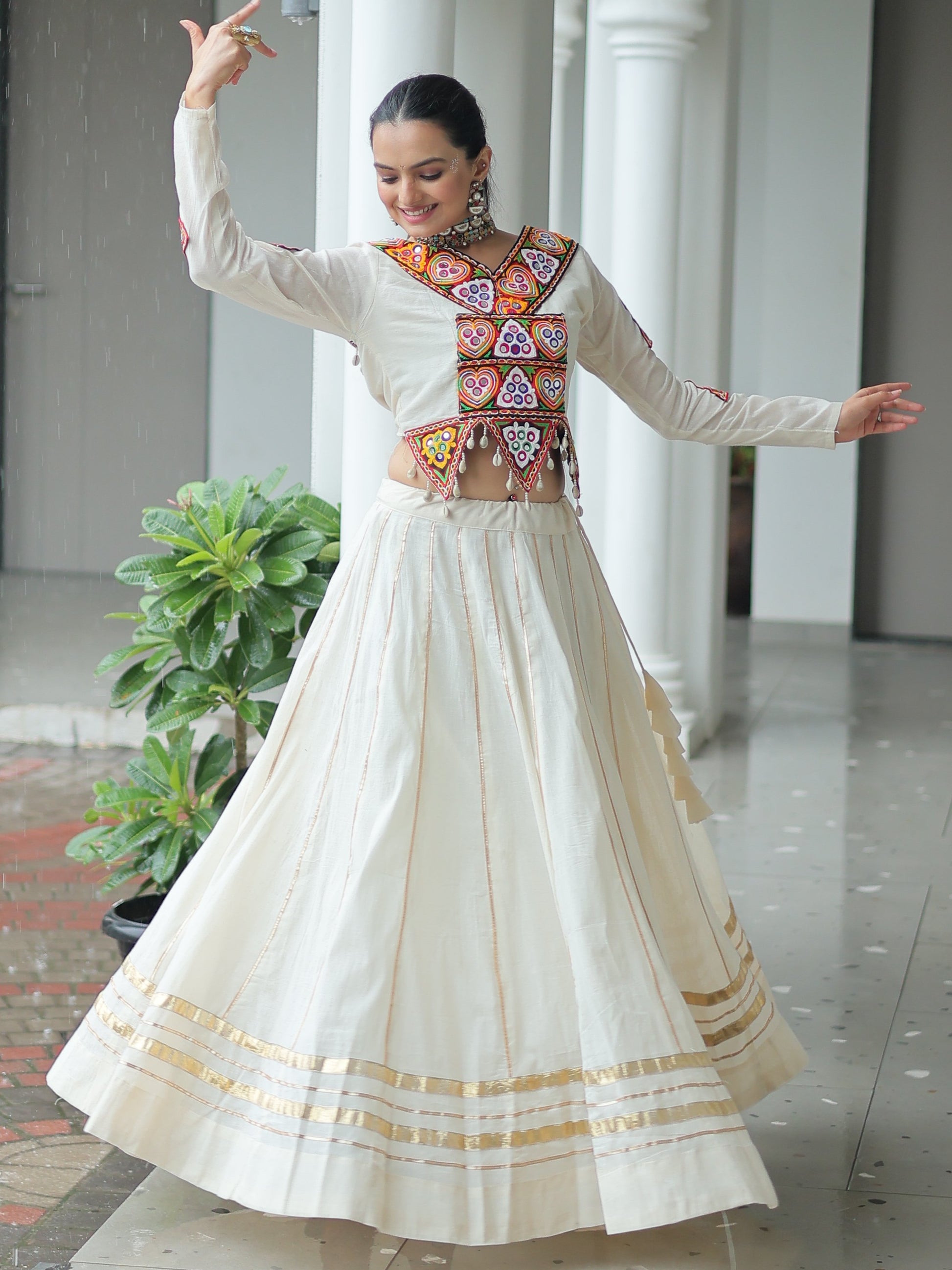 Stylistic Off-White Cotton Navratri Wear Lehenga With Gamthi Work Blouse