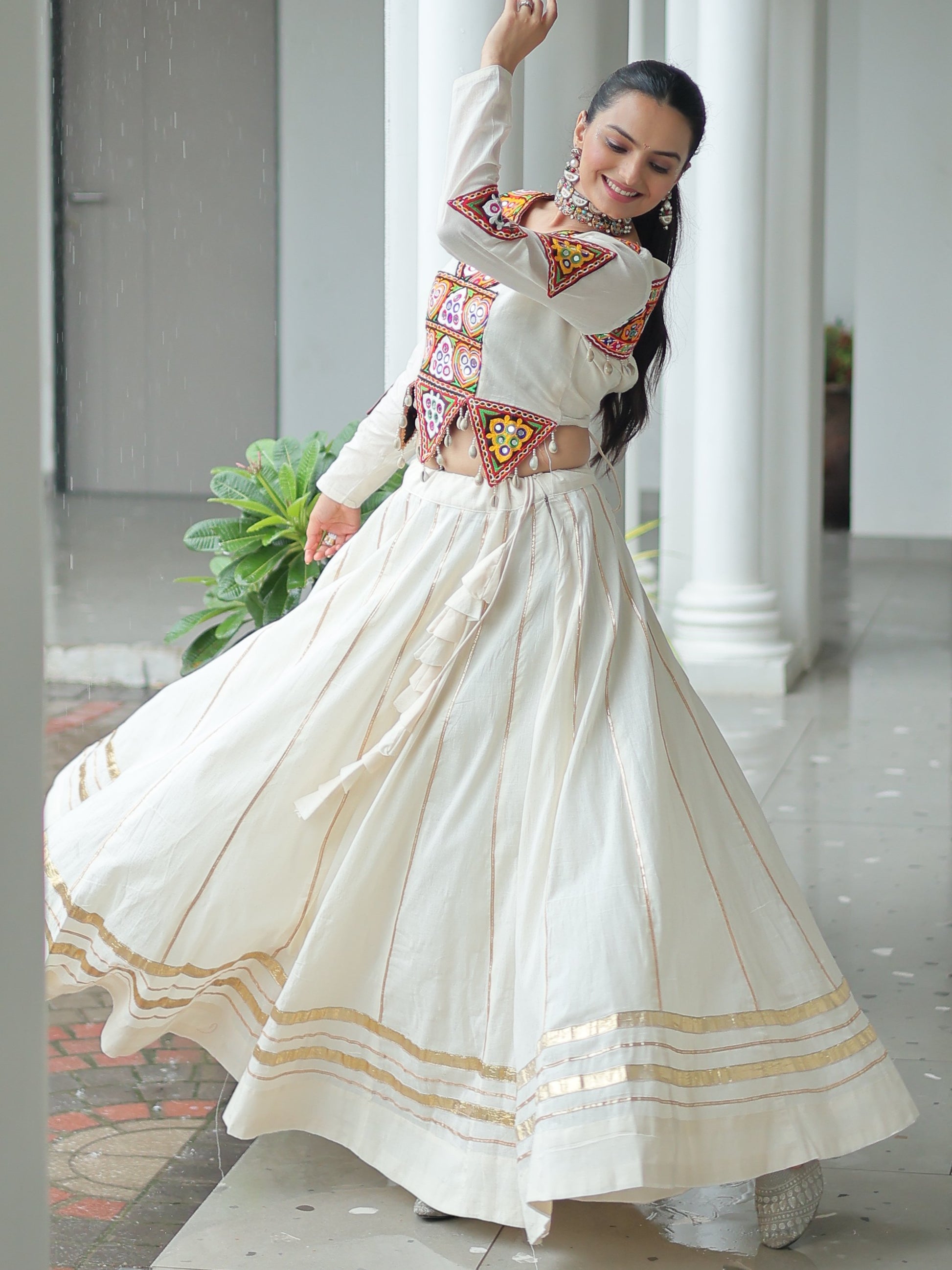 Stylistic Off-White Cotton Navratri Wear Lehenga With Gamthi Work Blouse