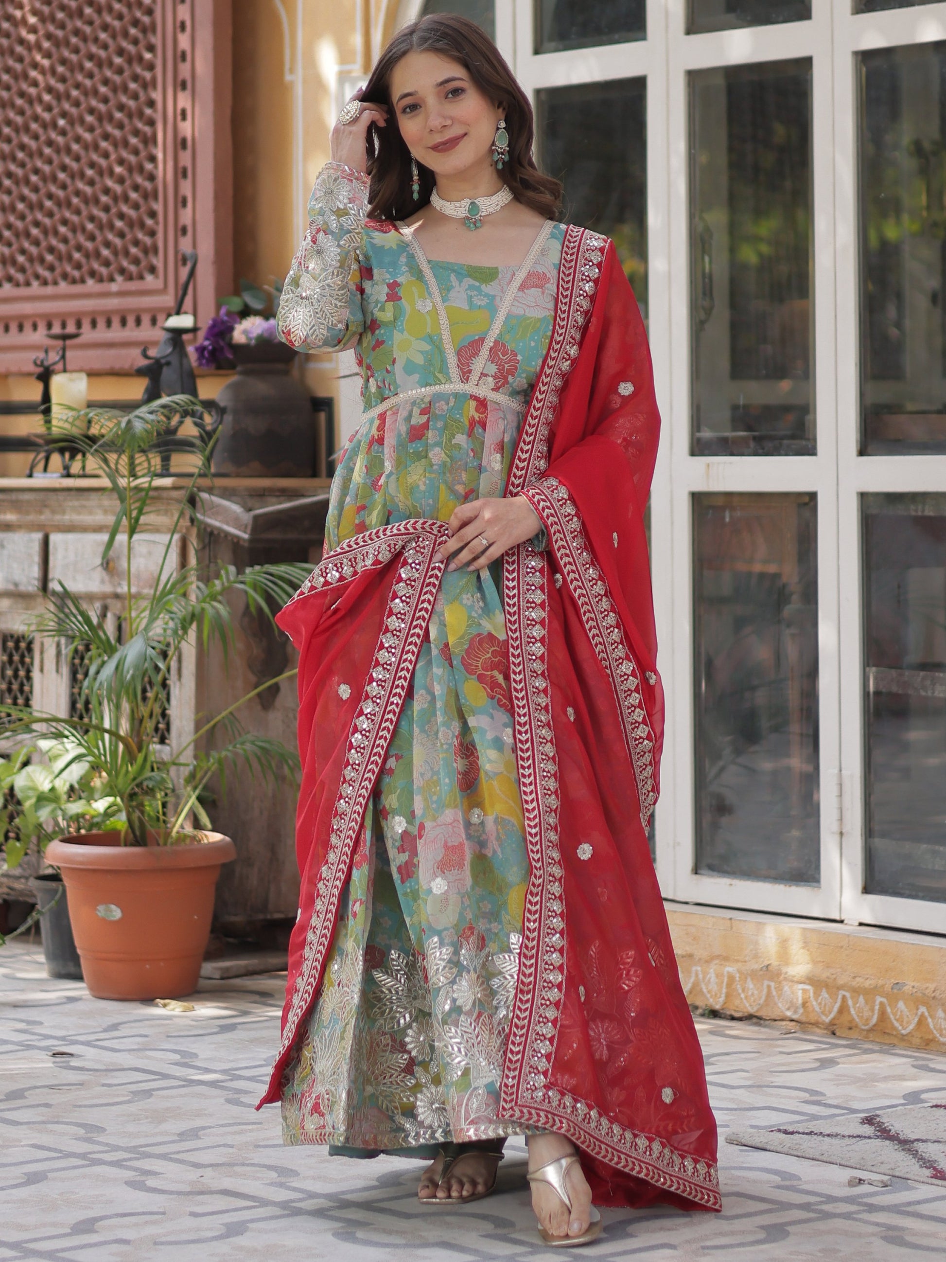 Attractive Sky-Blue Floral Printed Silk Party Wear Gown With Dupatta