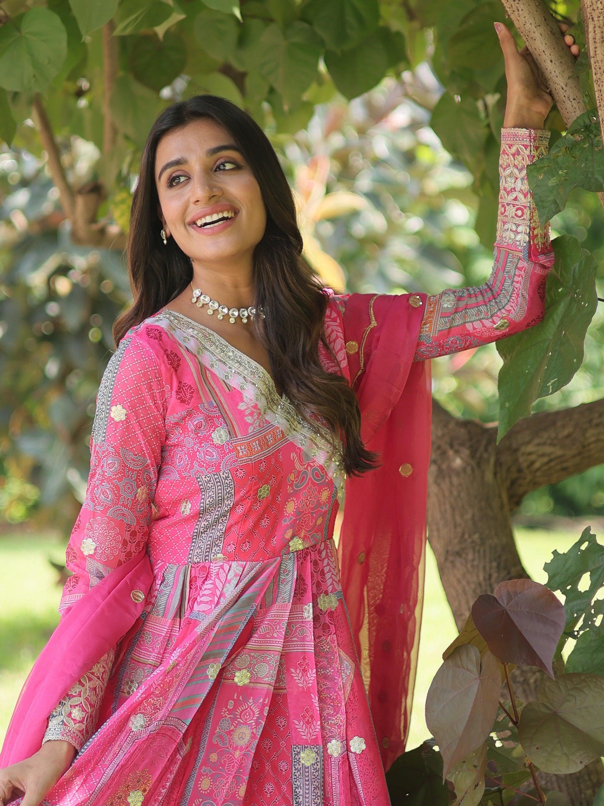 Fascinating Pink Digital Printed Silk Traditional Gown With Dupatta