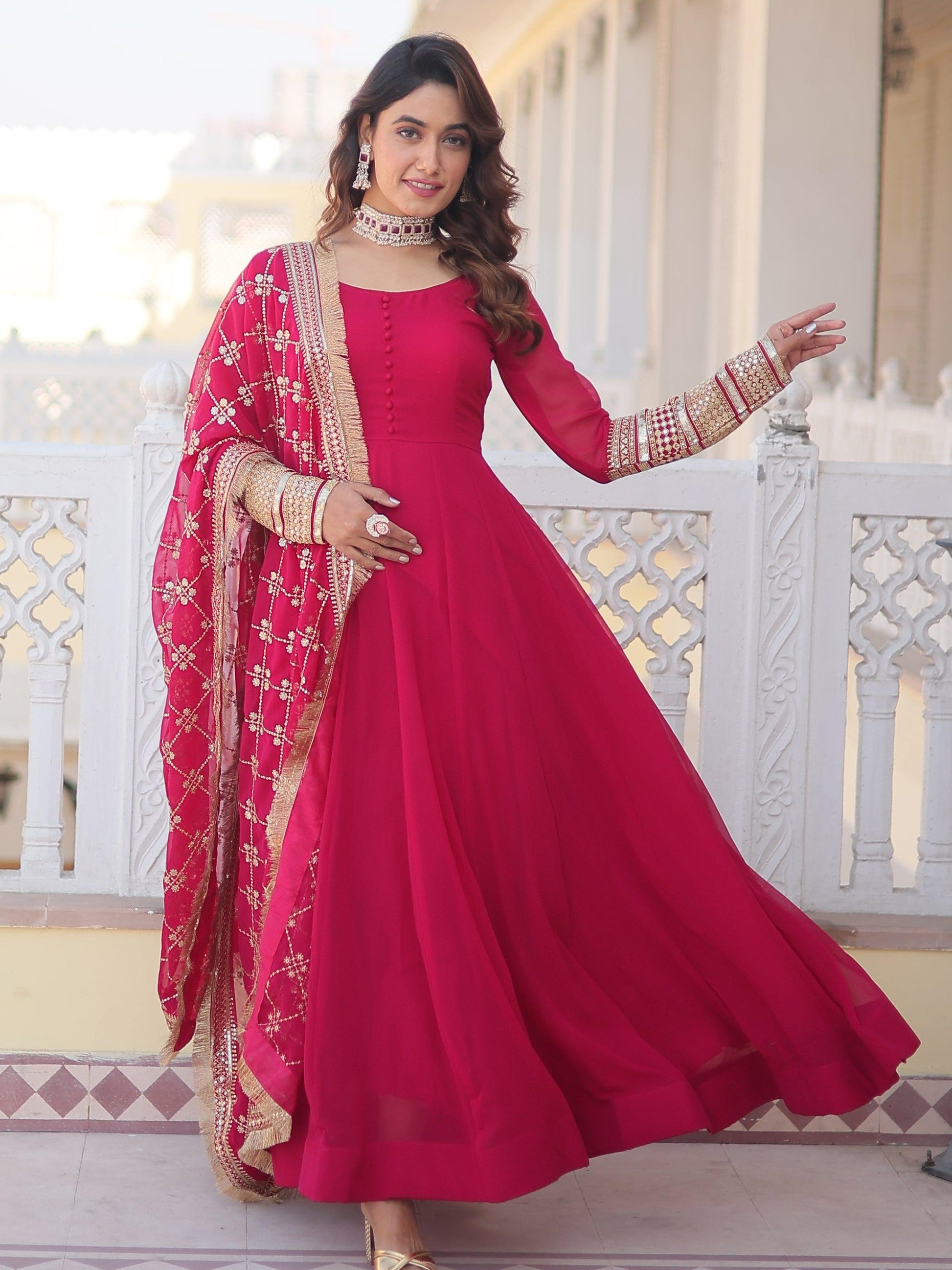 Captivating Rani Pink Georgette Traditional Gown With Dupatta