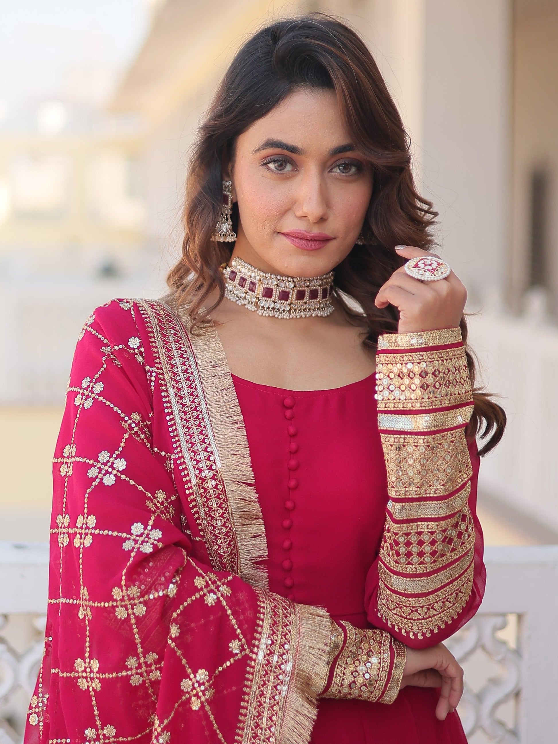 Captivating Rani Pink Georgette Traditional Gown With Dupatta