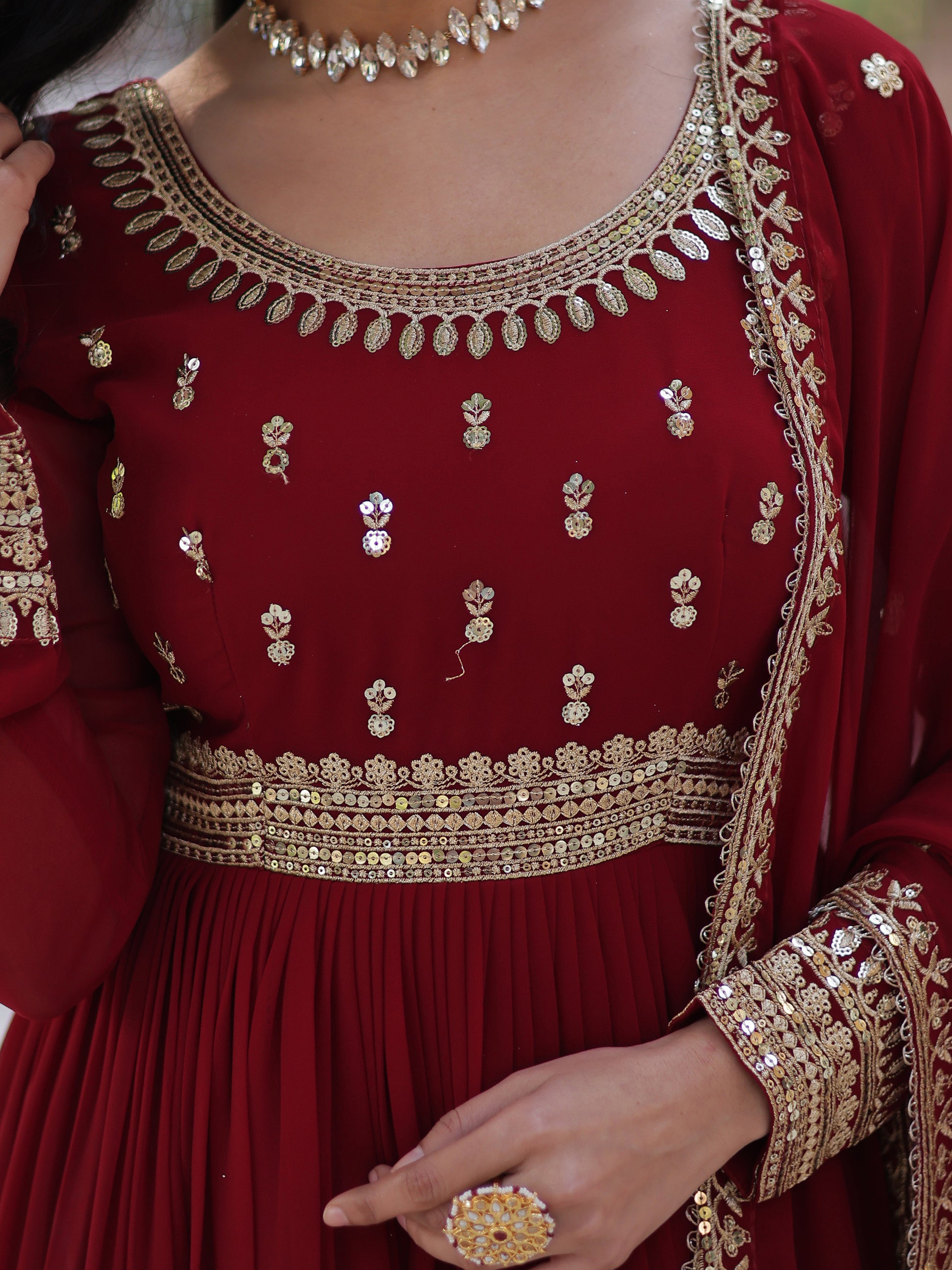 Gorgeous Maroon Zari Embroidered Georgette Wedding Wear Gown