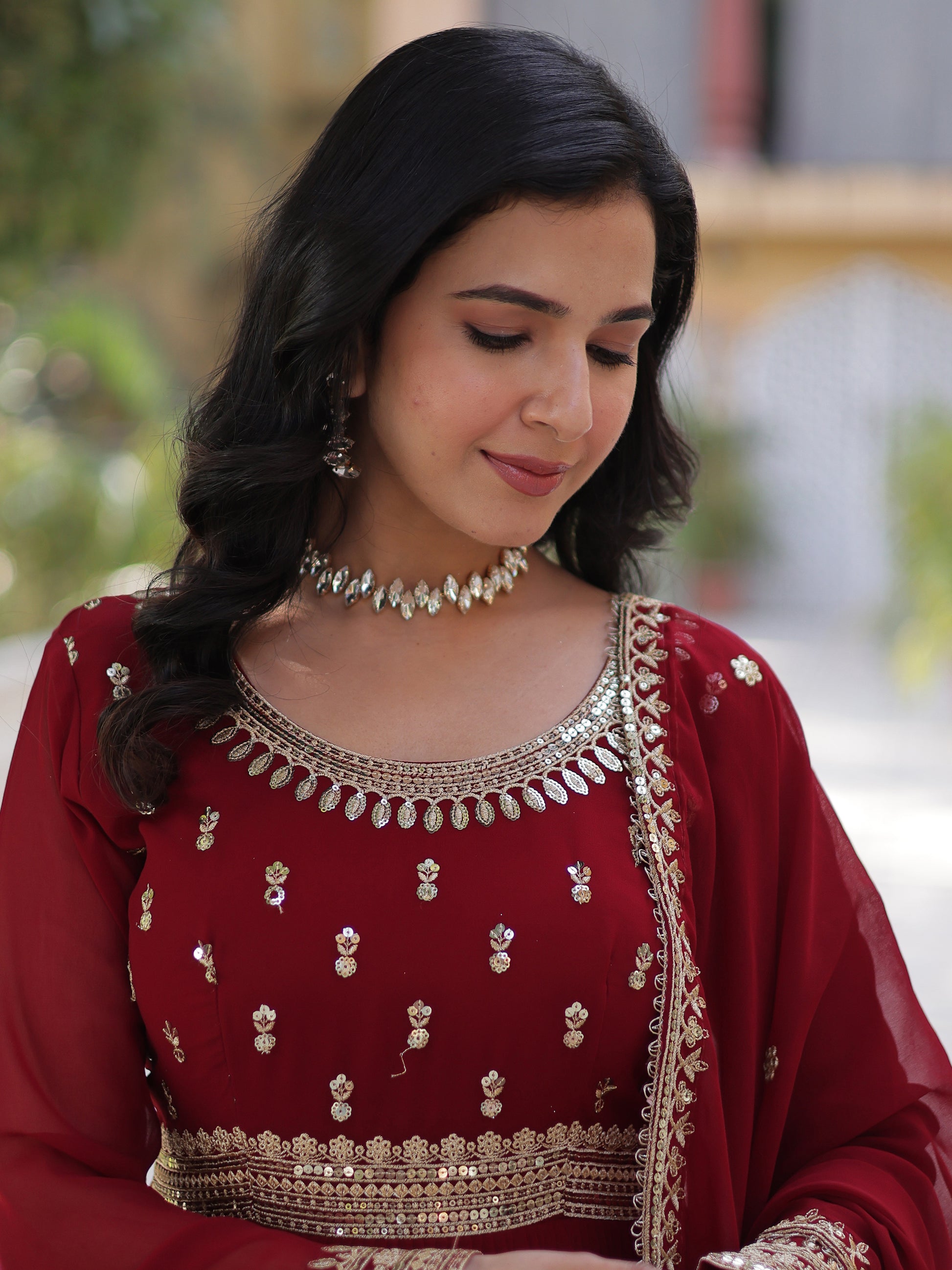 Gorgeous Maroon Zari Embroidered Georgette Wedding Wear Gown