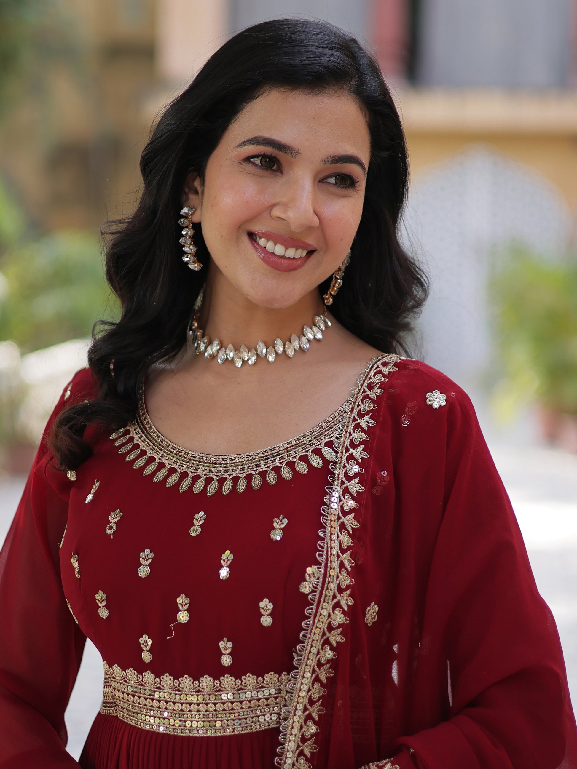 Gorgeous Maroon Zari Embroidered Georgette Wedding Wear Gown
