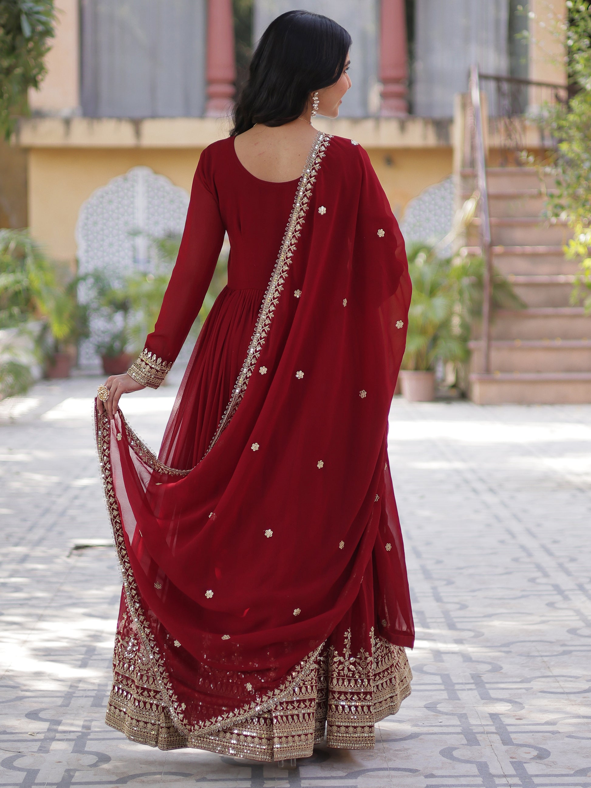 Gorgeous Maroon Zari Embroidered Georgette Wedding Wear Gown