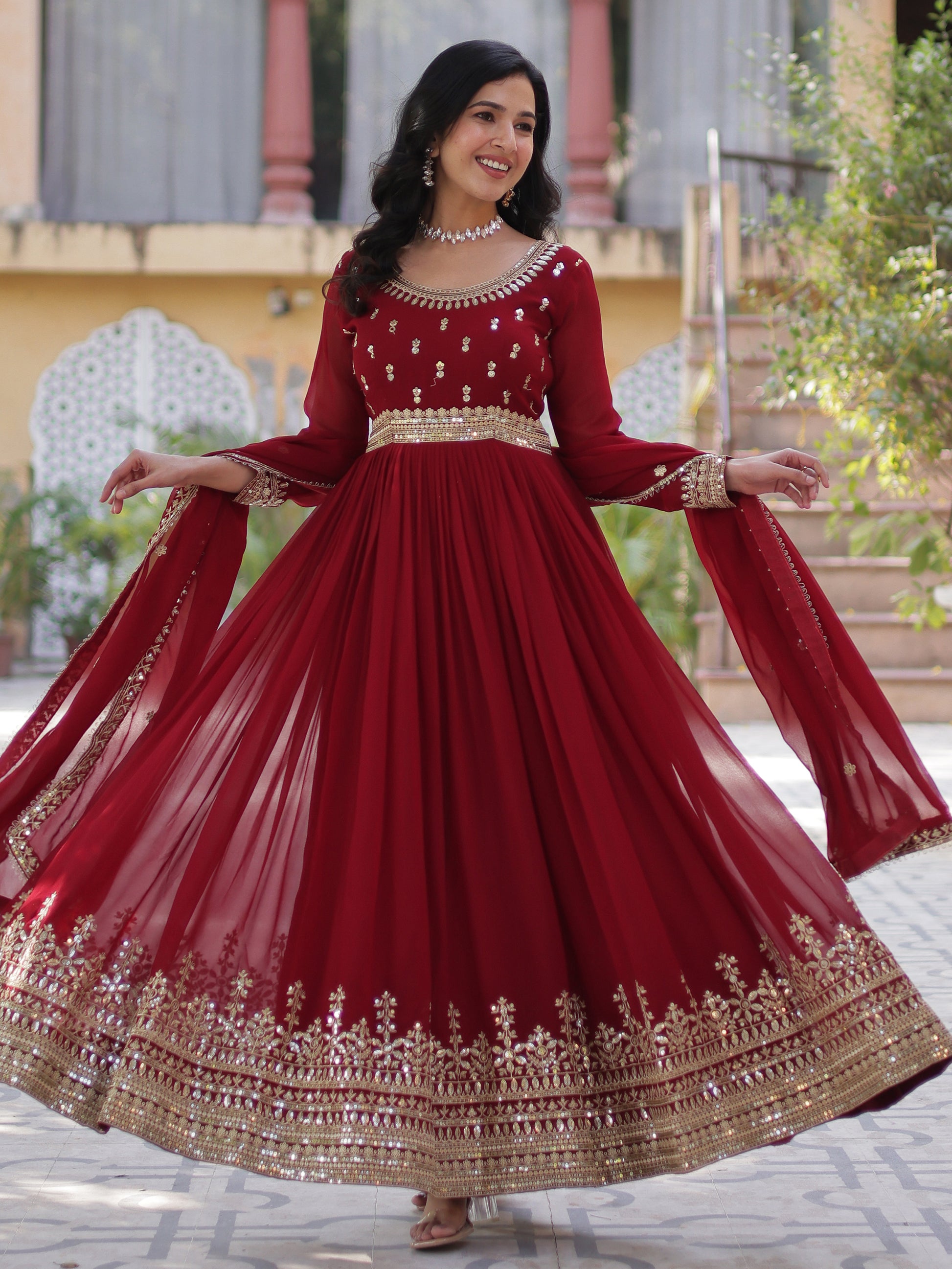 Gorgeous Maroon Zari Embroidered Georgette Wedding Wear Gown